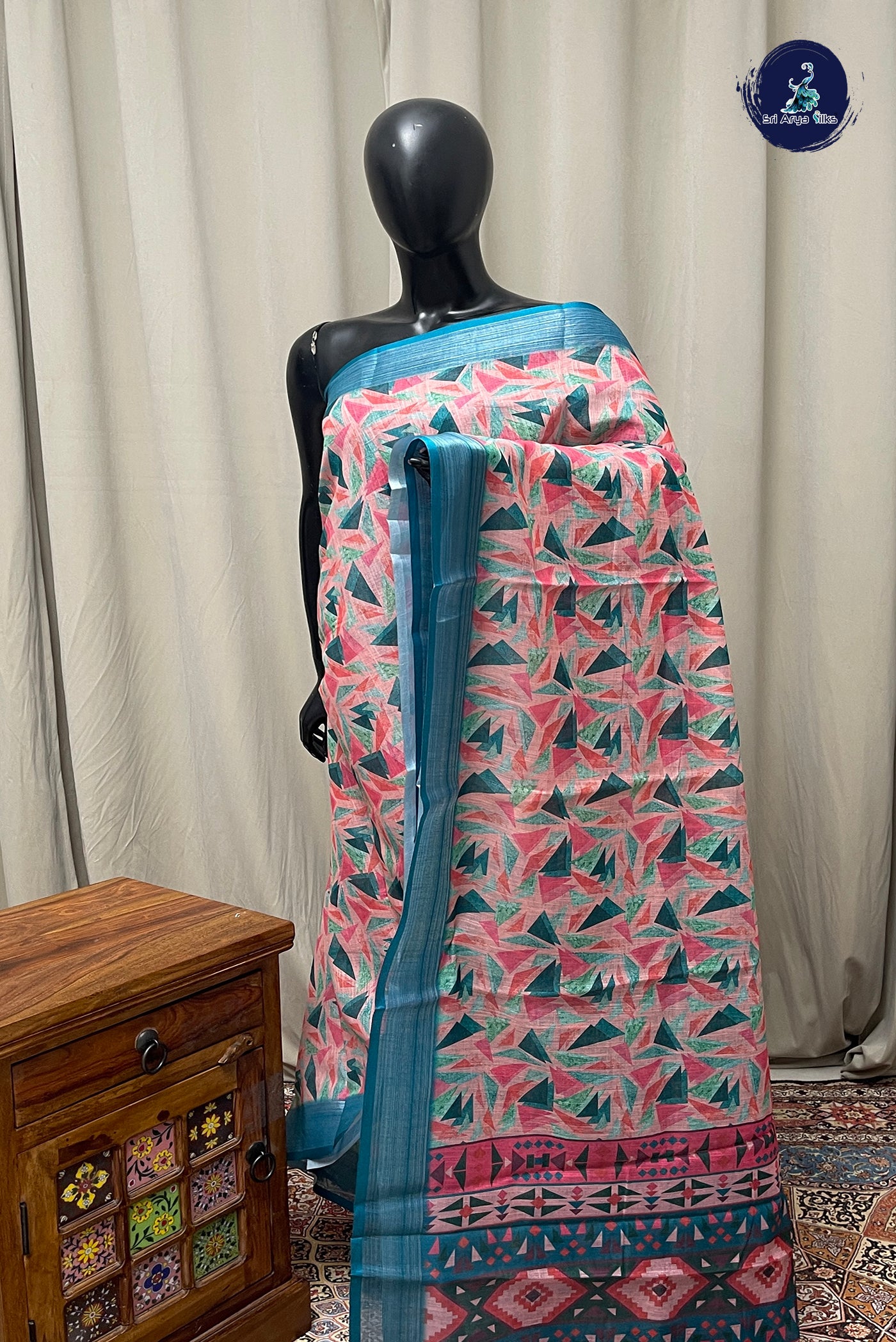 Multi Colour Linen Saree With Printed Pattern