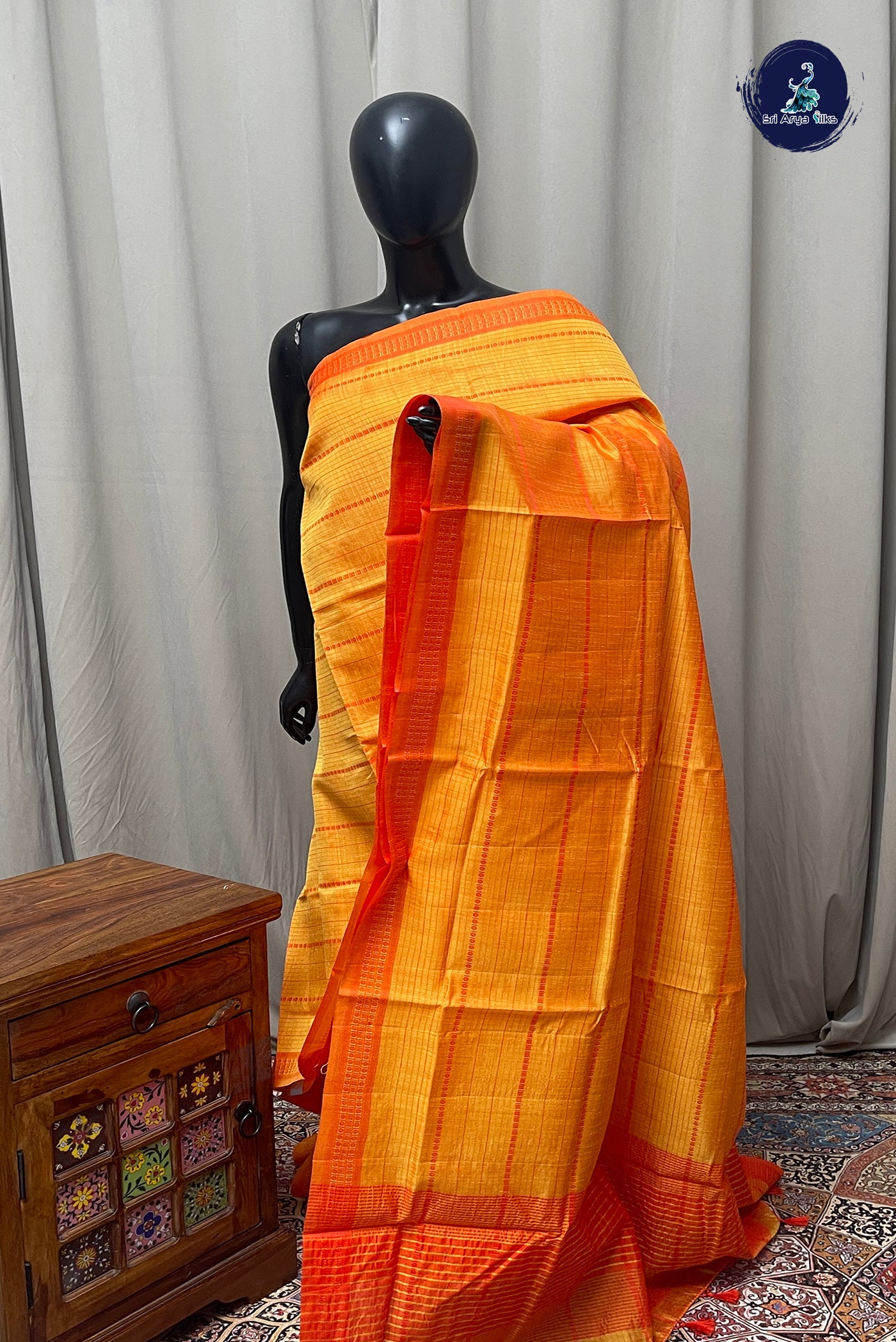 Yellow Semi Tussar Saree With Thread Work Pattern