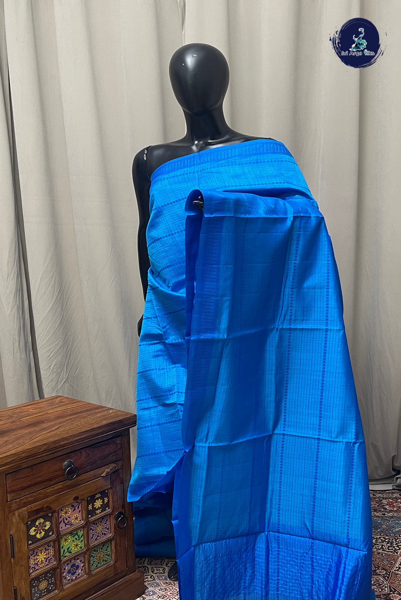 Copper Sulphate Blue Semi Tussar Saree With Thread Work Pattern
