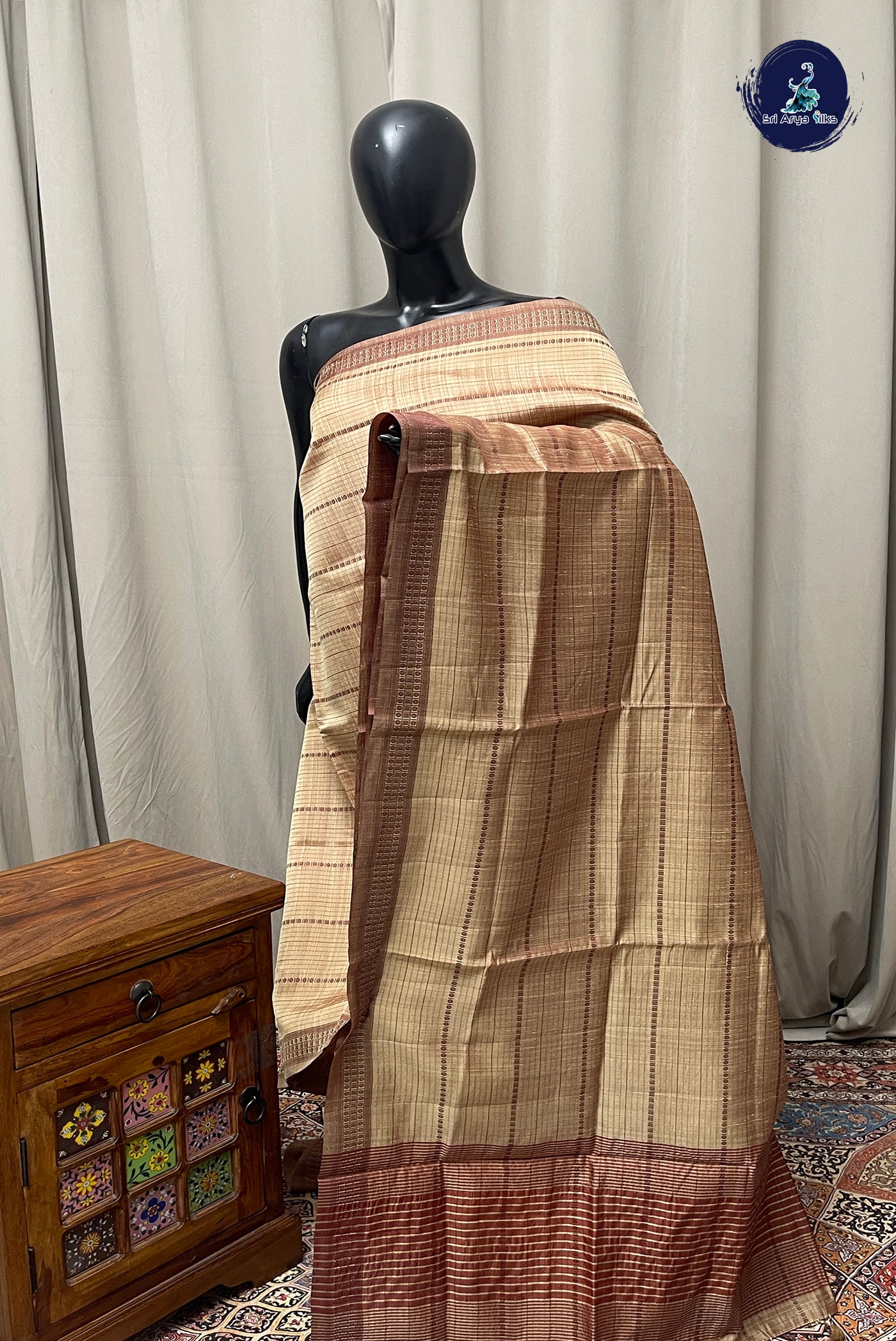 Chocolate Shade Semi Tussar Saree With Thread Work Pattern