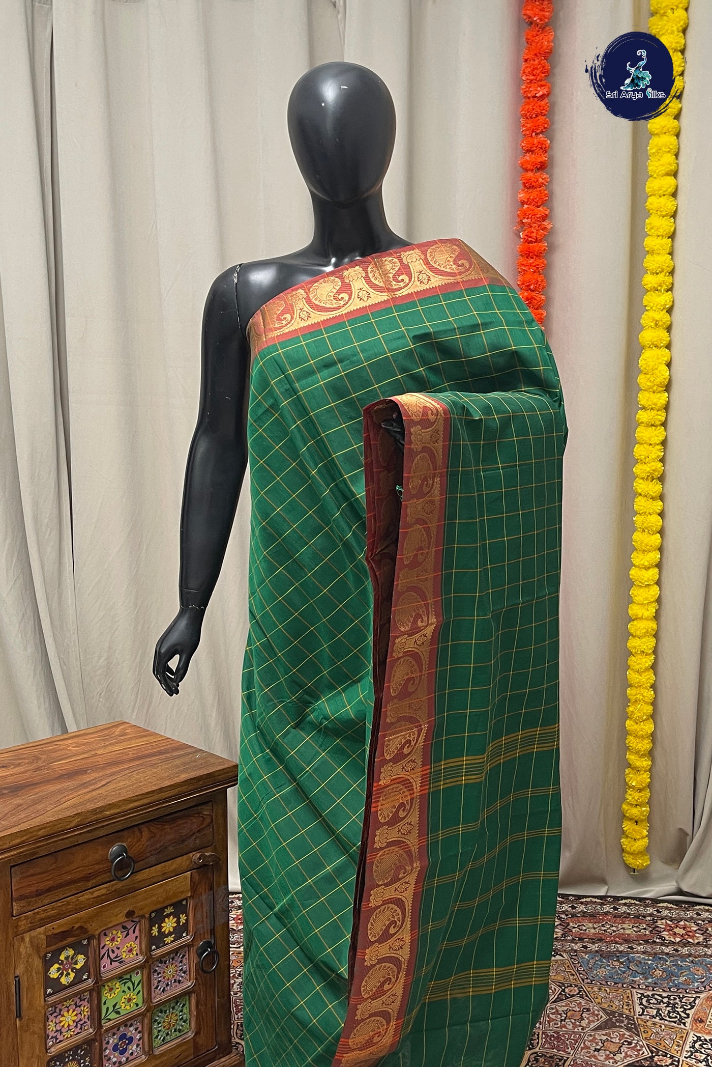 Dark Green Chettinad Cotton Saree With Checked Pattern