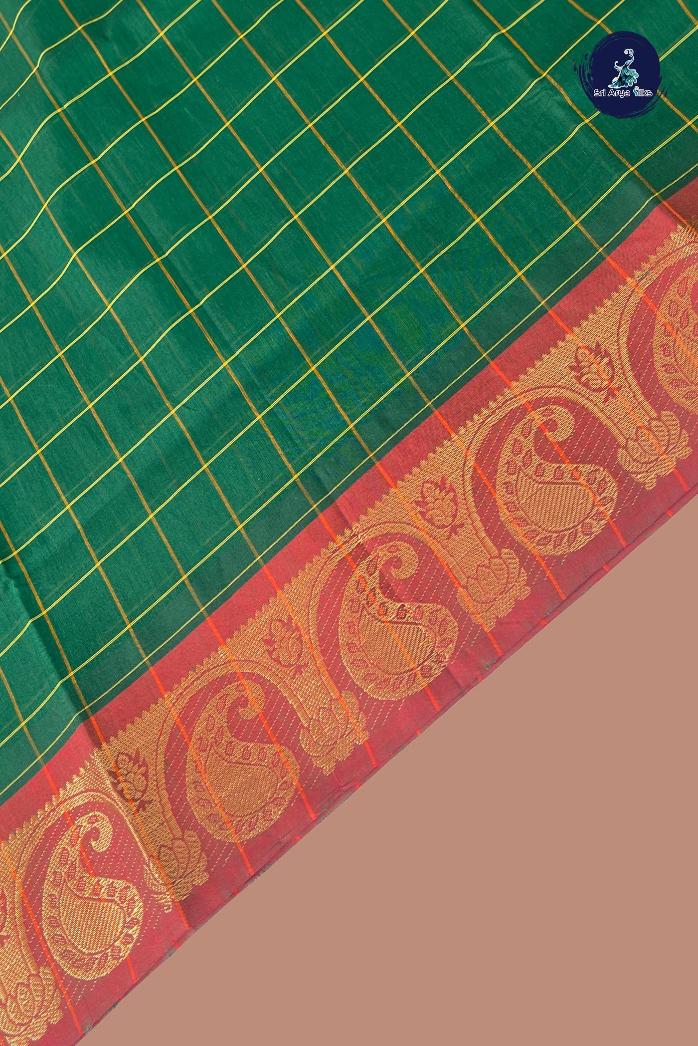 Dark Green Chettinad Cotton Saree With Checked Pattern