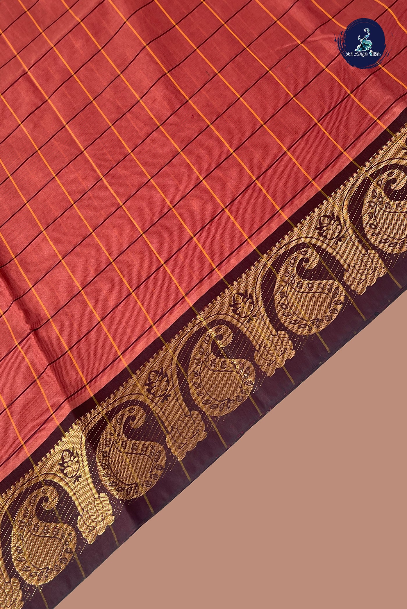 Brown Chettinad Cotton Saree With Checked Pattern