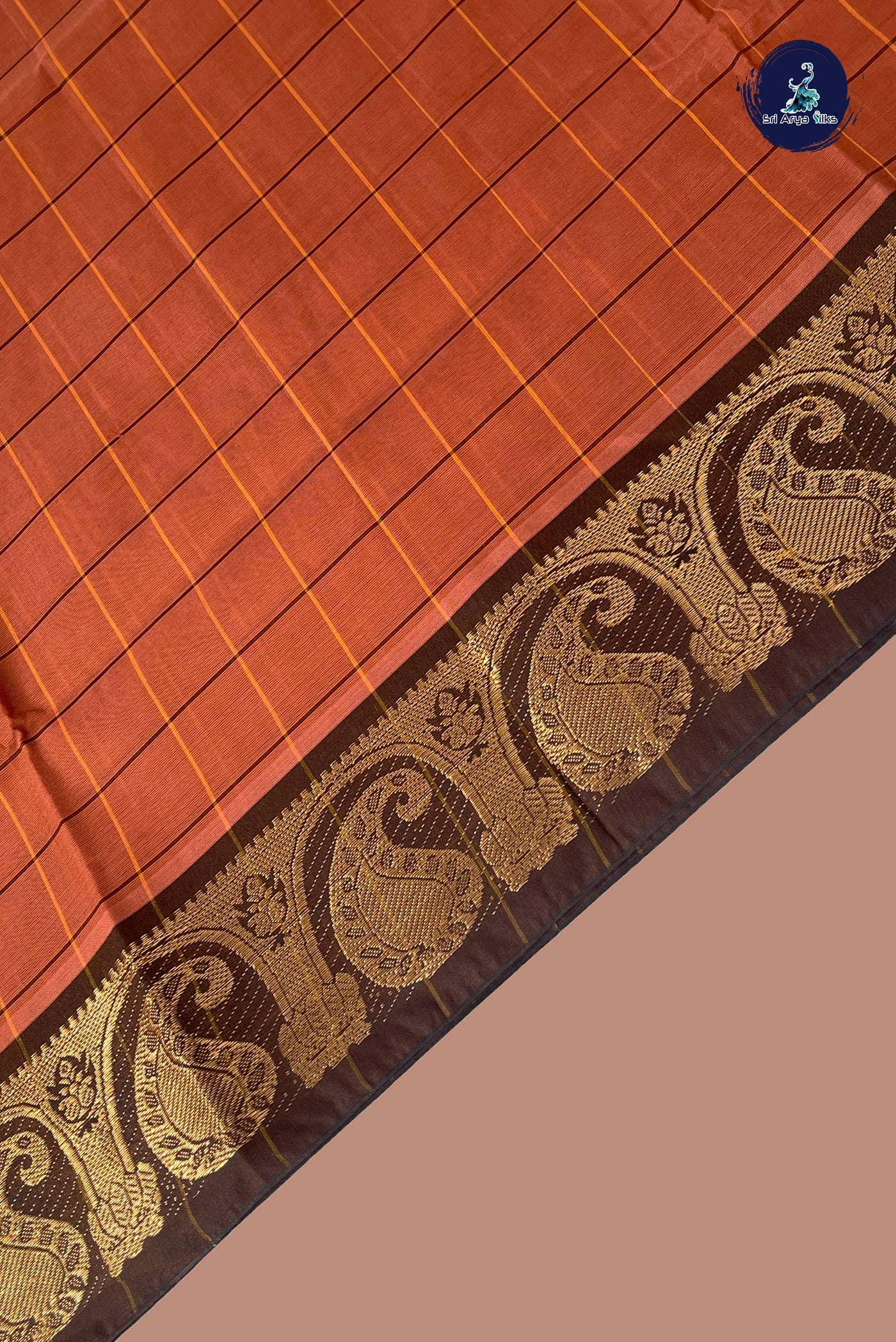 Light Brown Chettinad Cotton Saree With Checked Pattern