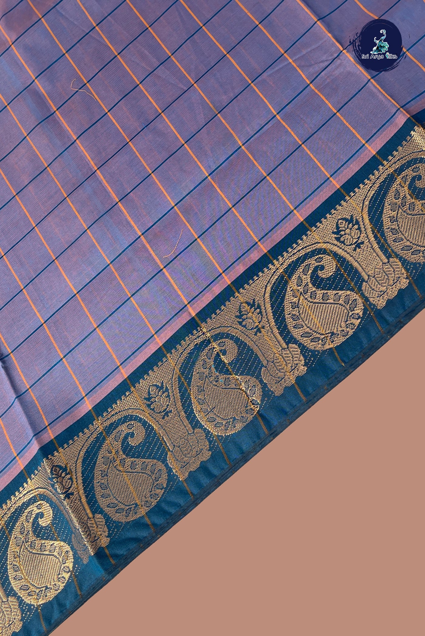 Dual Tone Blue Chettinad Cotton Saree With Checked Pattern