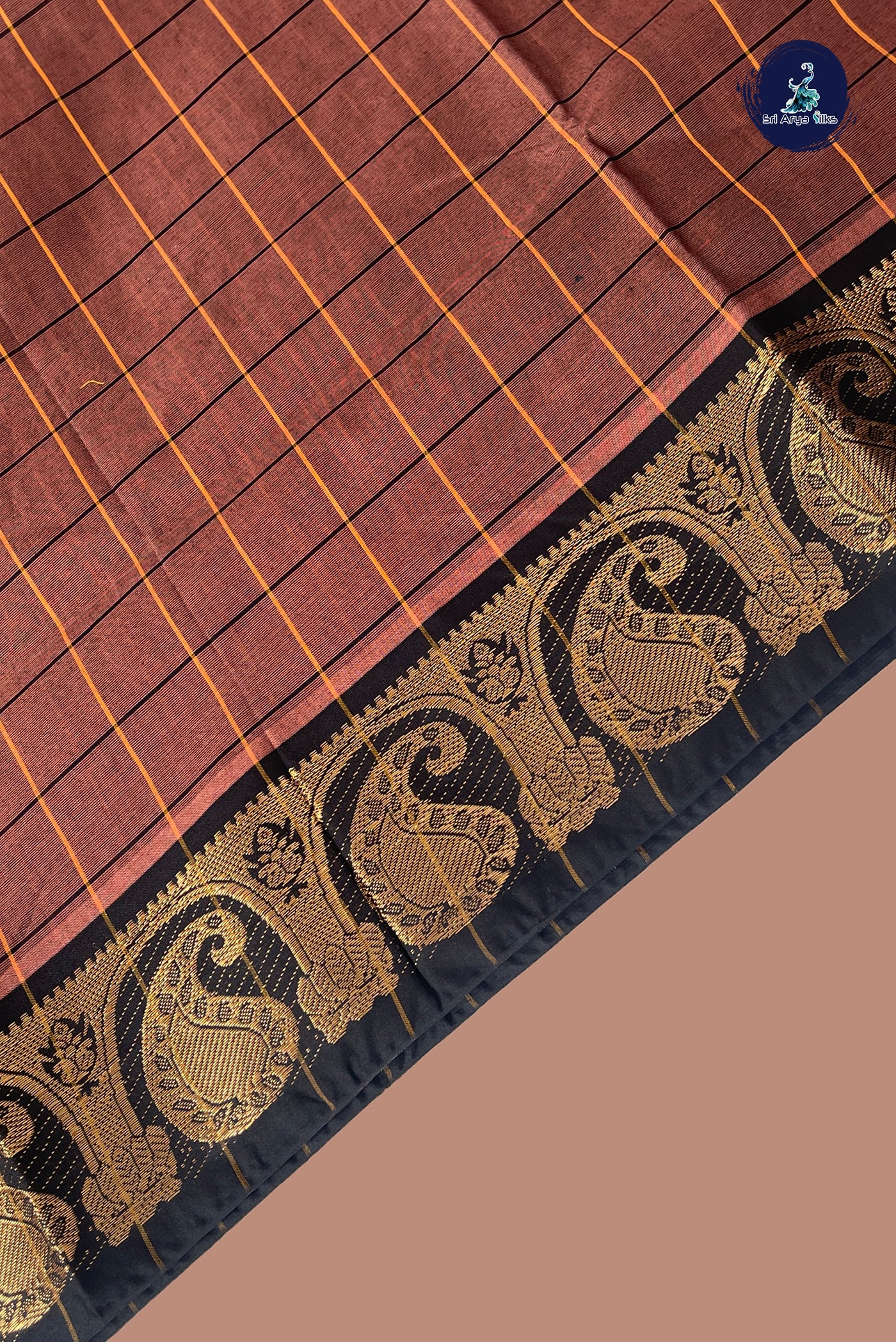 Brown Chettinad Cotton Saree With Checked Pattern