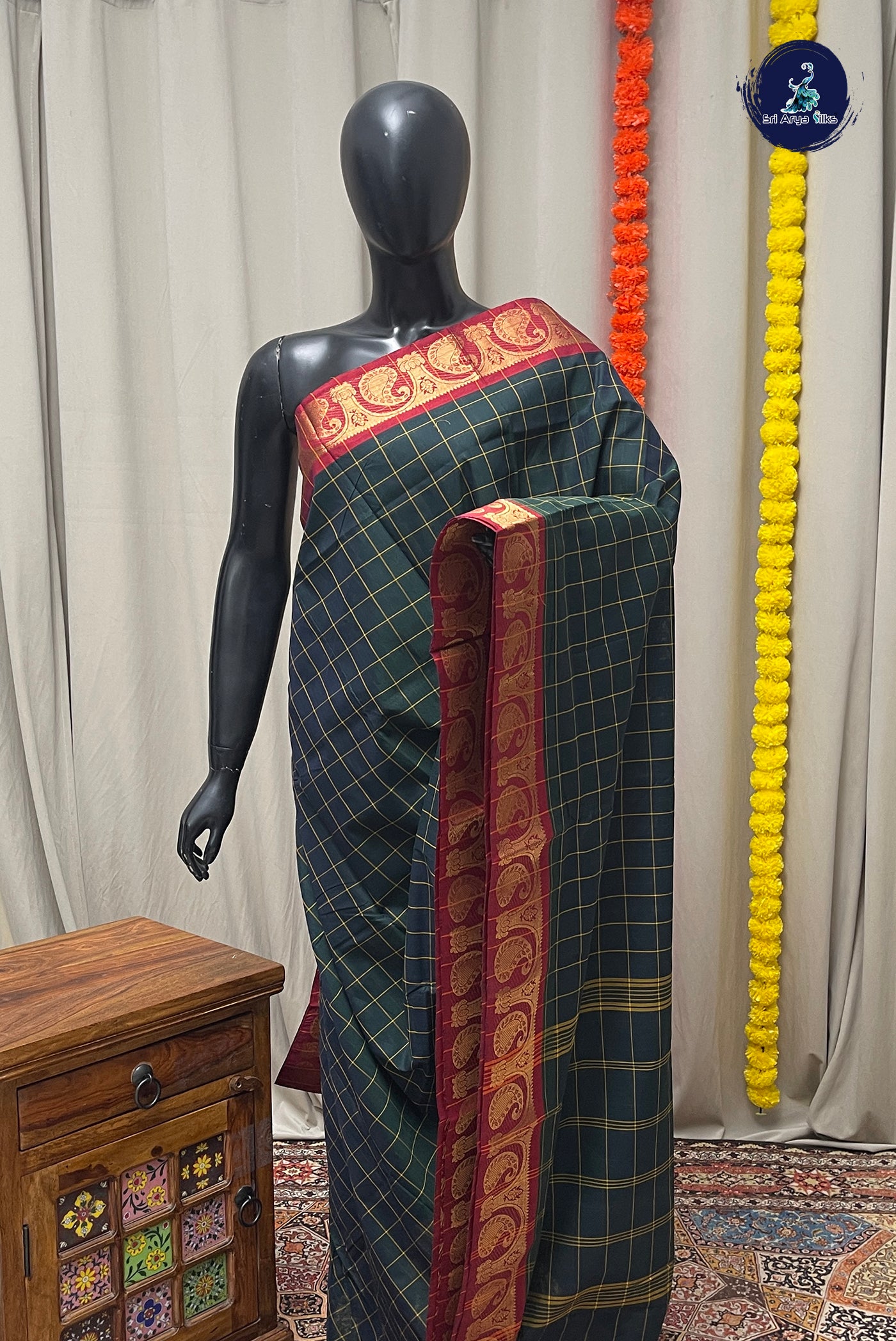 Dark Green Chettinad Cotton Saree With Checked Pattern