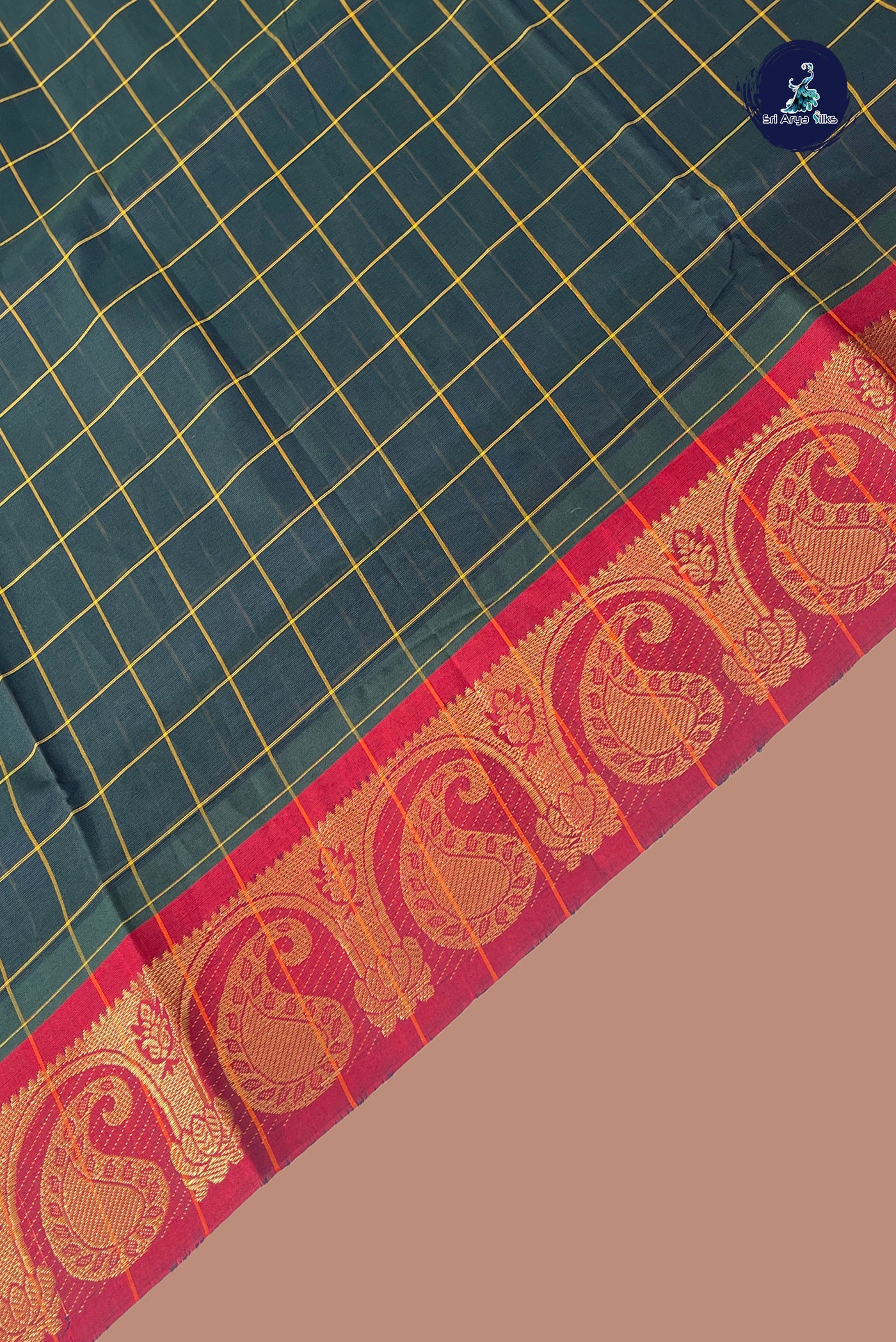 Dark Green Chettinad Cotton Saree With Checked Pattern