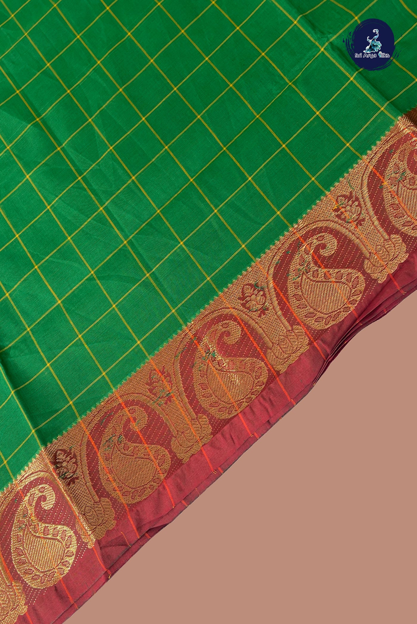Green Chettinad Cotton Saree With Checked Pattern