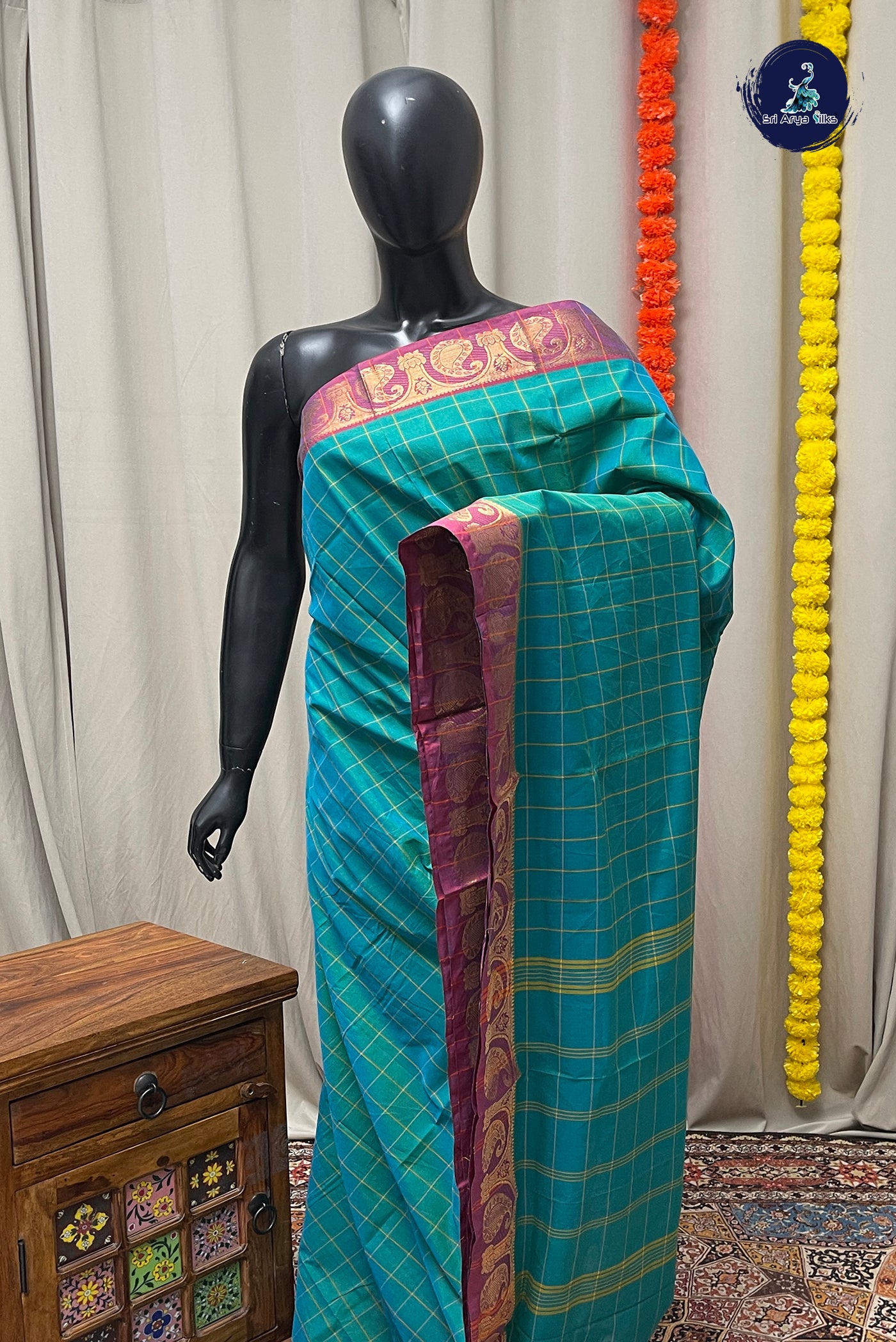 Teal Chettinad Cotton Saree With Checked Pattern
