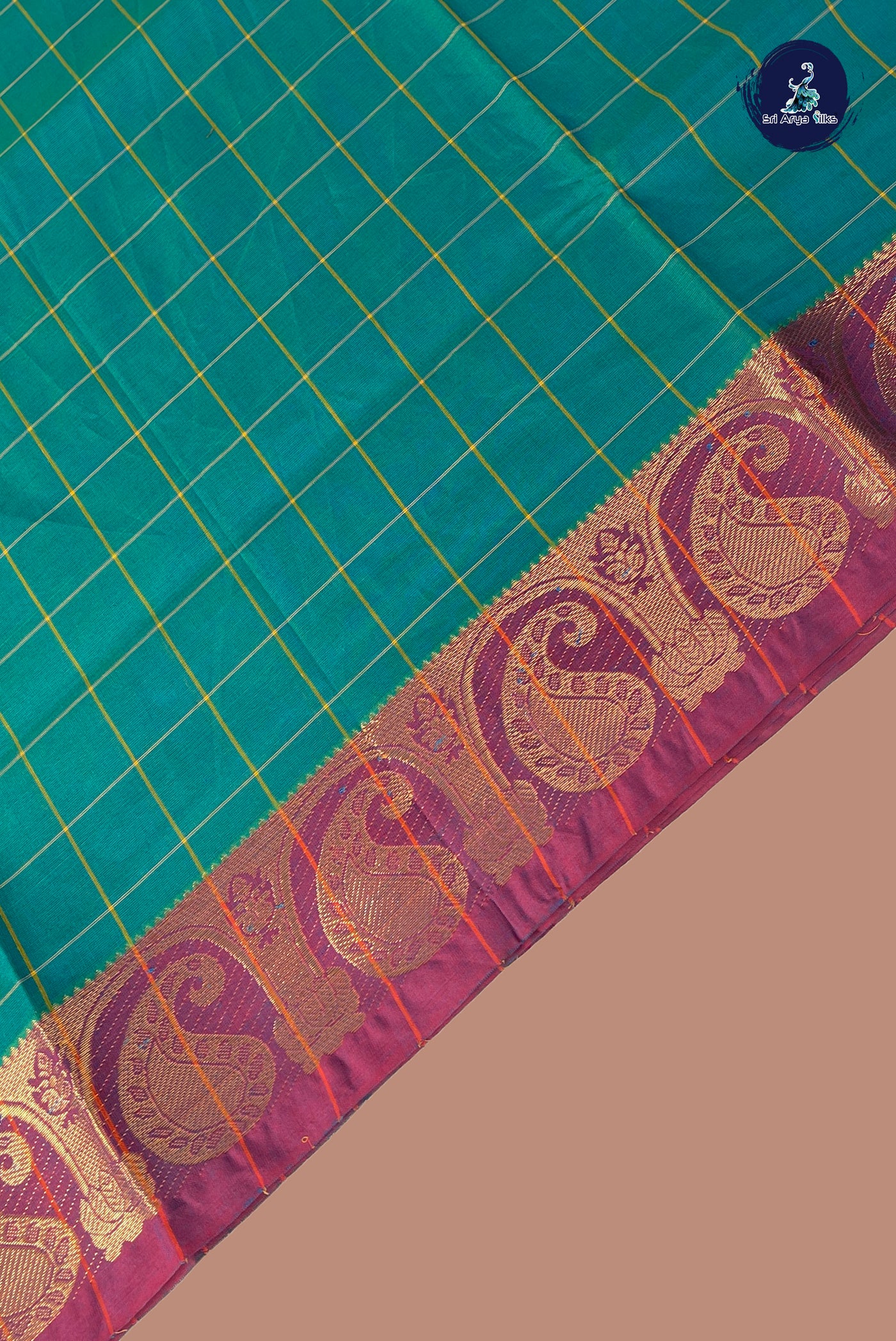 Teal Chettinad Cotton Saree With Checked Pattern