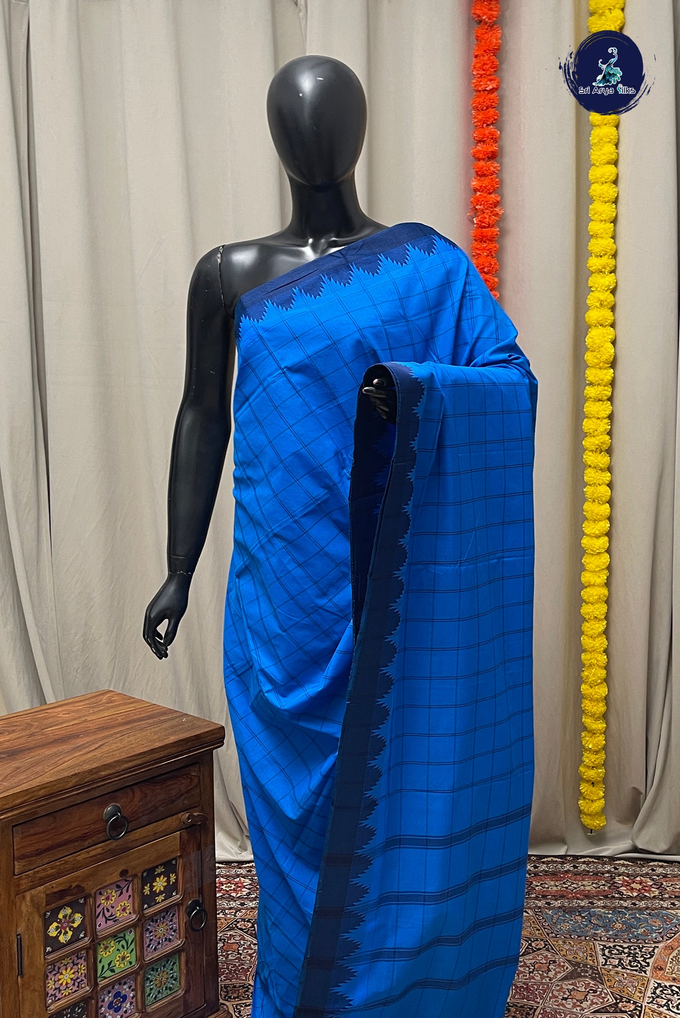 Blue Chettinad Cotton Saree With Checked Pattern