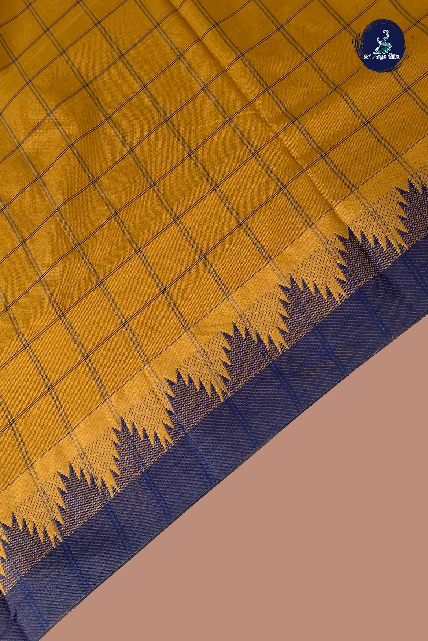 Mustard Yellow Chettinad Cotton Saree With Checked Pattern