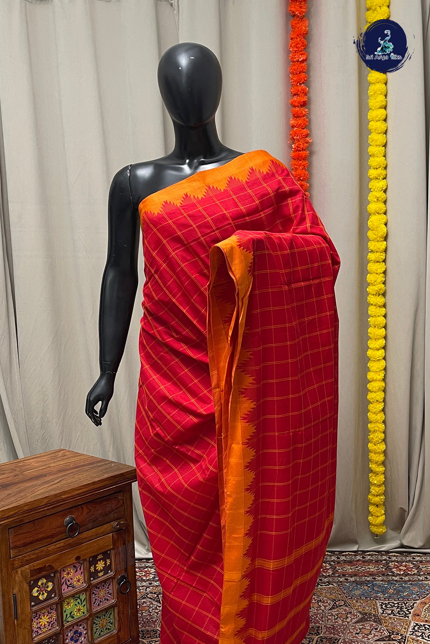 Red Chettinad Cotton Saree With Checked Pattern