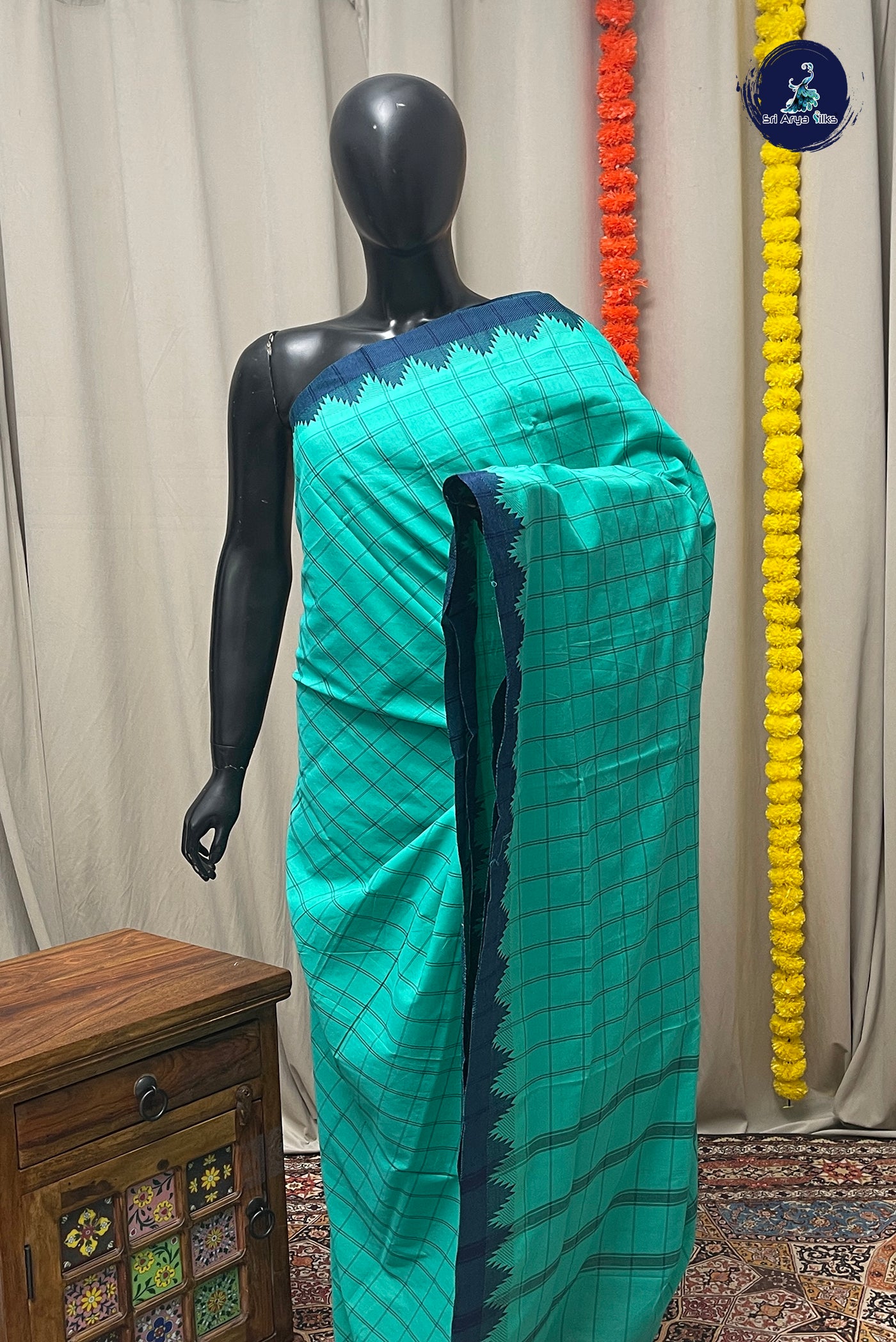 Turquoise Chettinad Cotton Saree With Checked Pattern