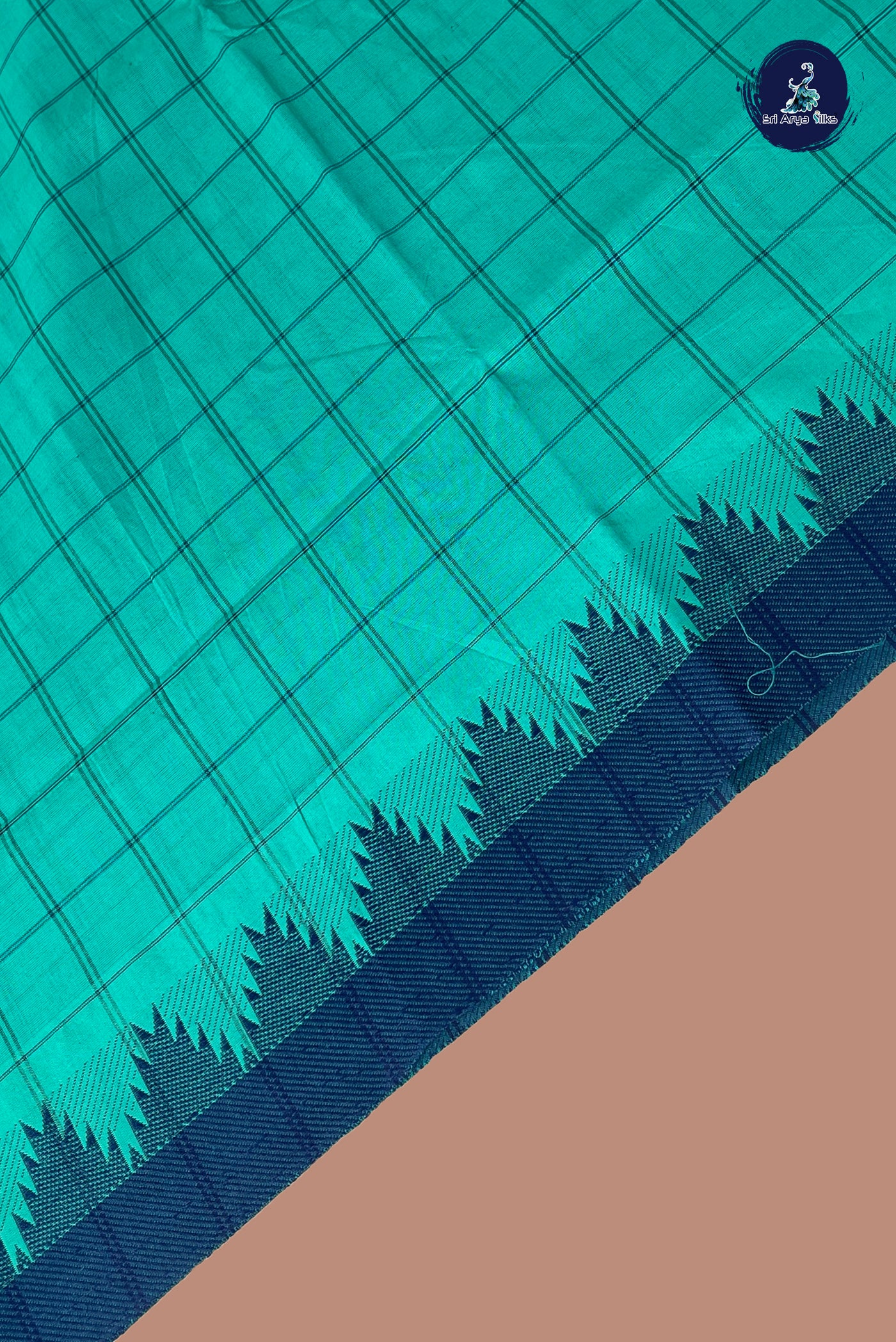 Turquoise Chettinad Cotton Saree With Checked Pattern