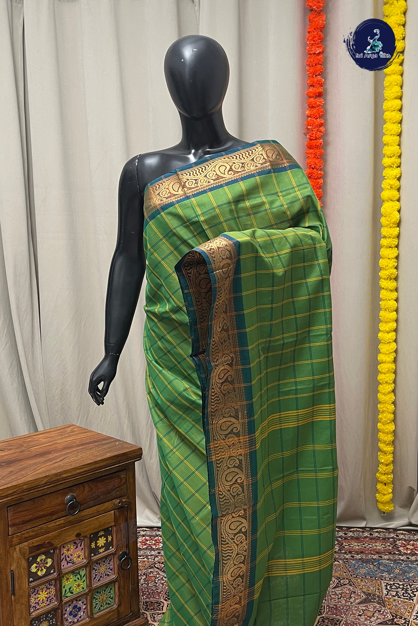 Green Chettinad Cotton Saree With Checked Pattern