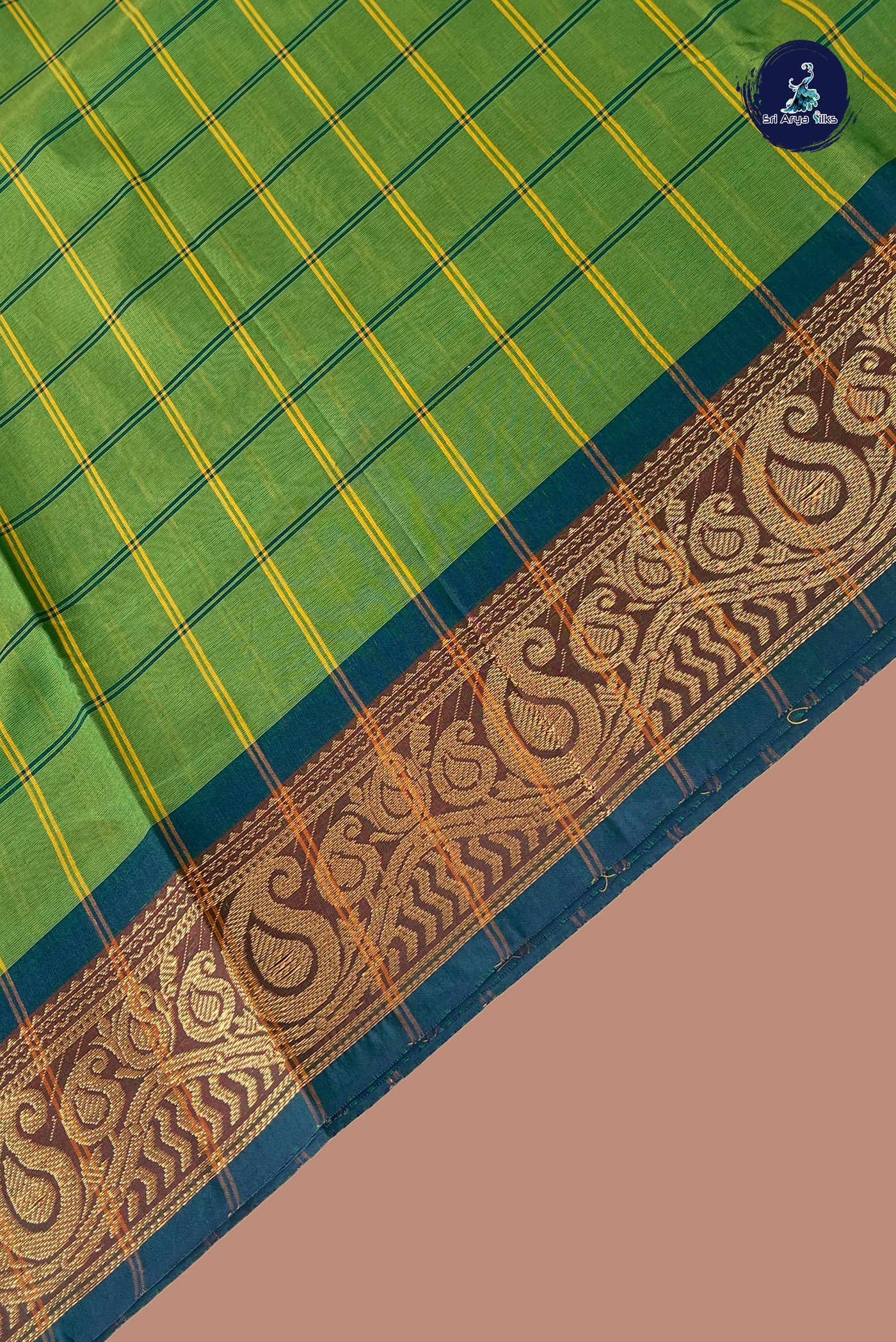 Green Chettinad Cotton Saree With Checked Pattern