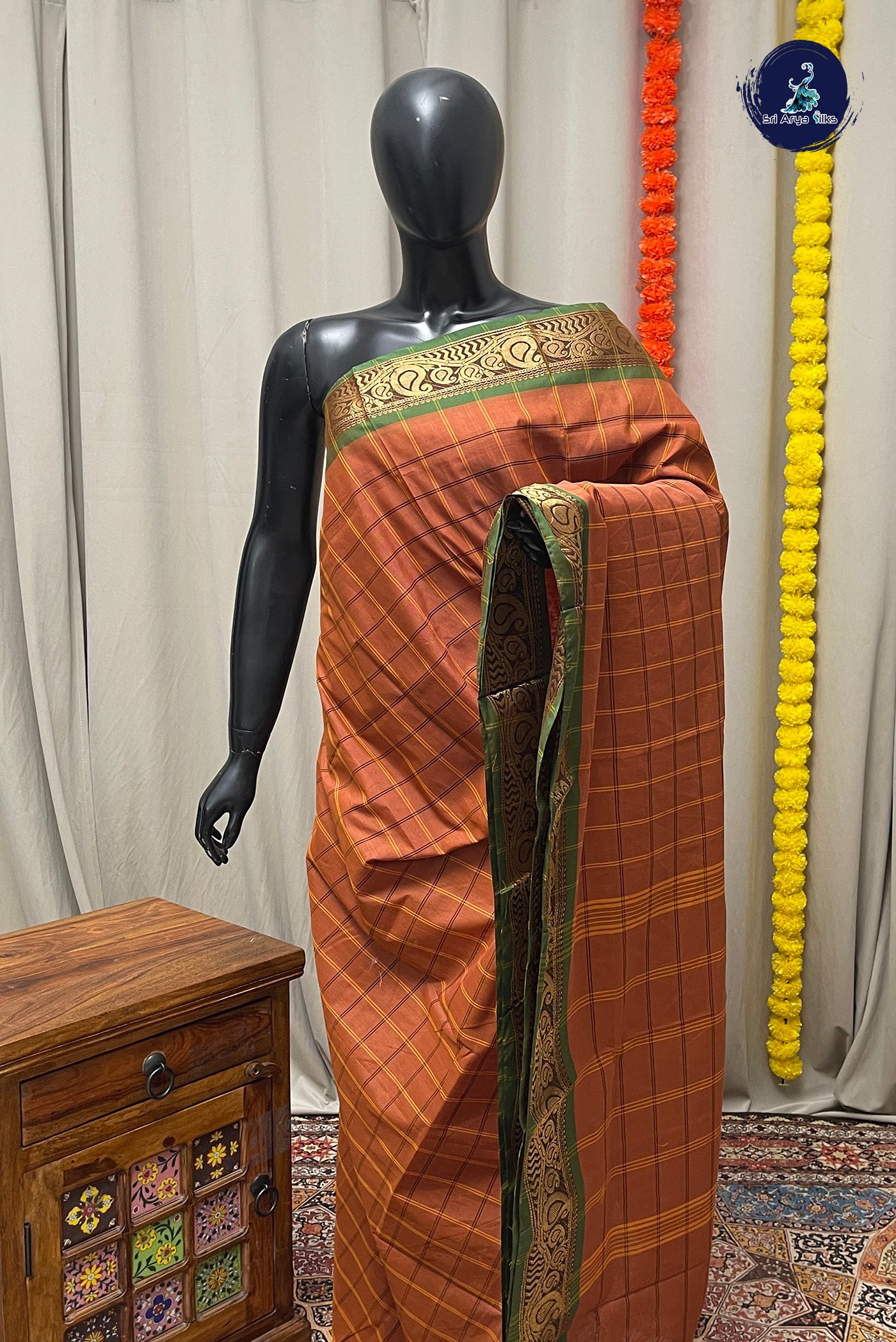 Light Brown Chettinad Cotton Saree With Checked Pattern