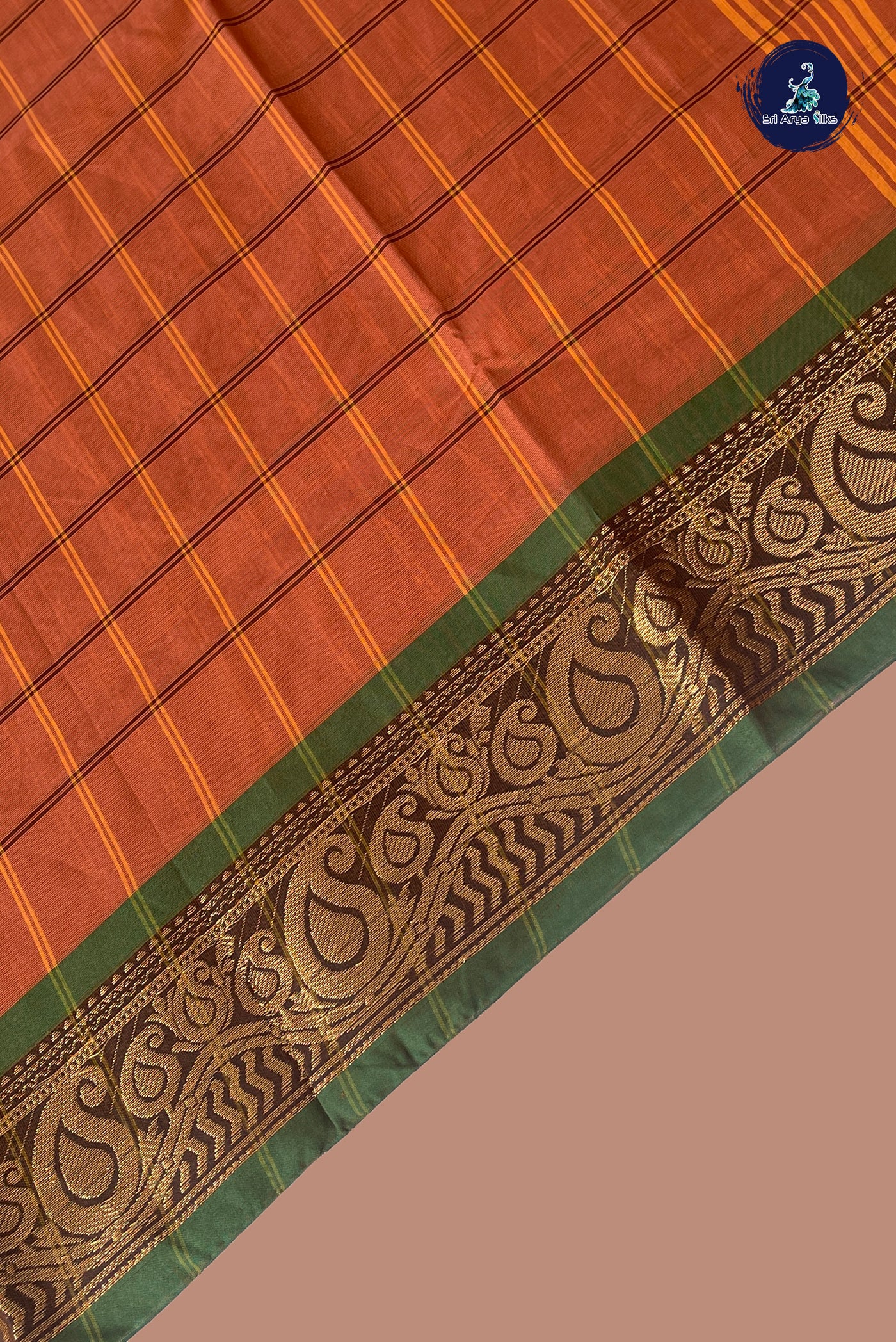 Light Brown Chettinad Cotton Saree With Checked Pattern