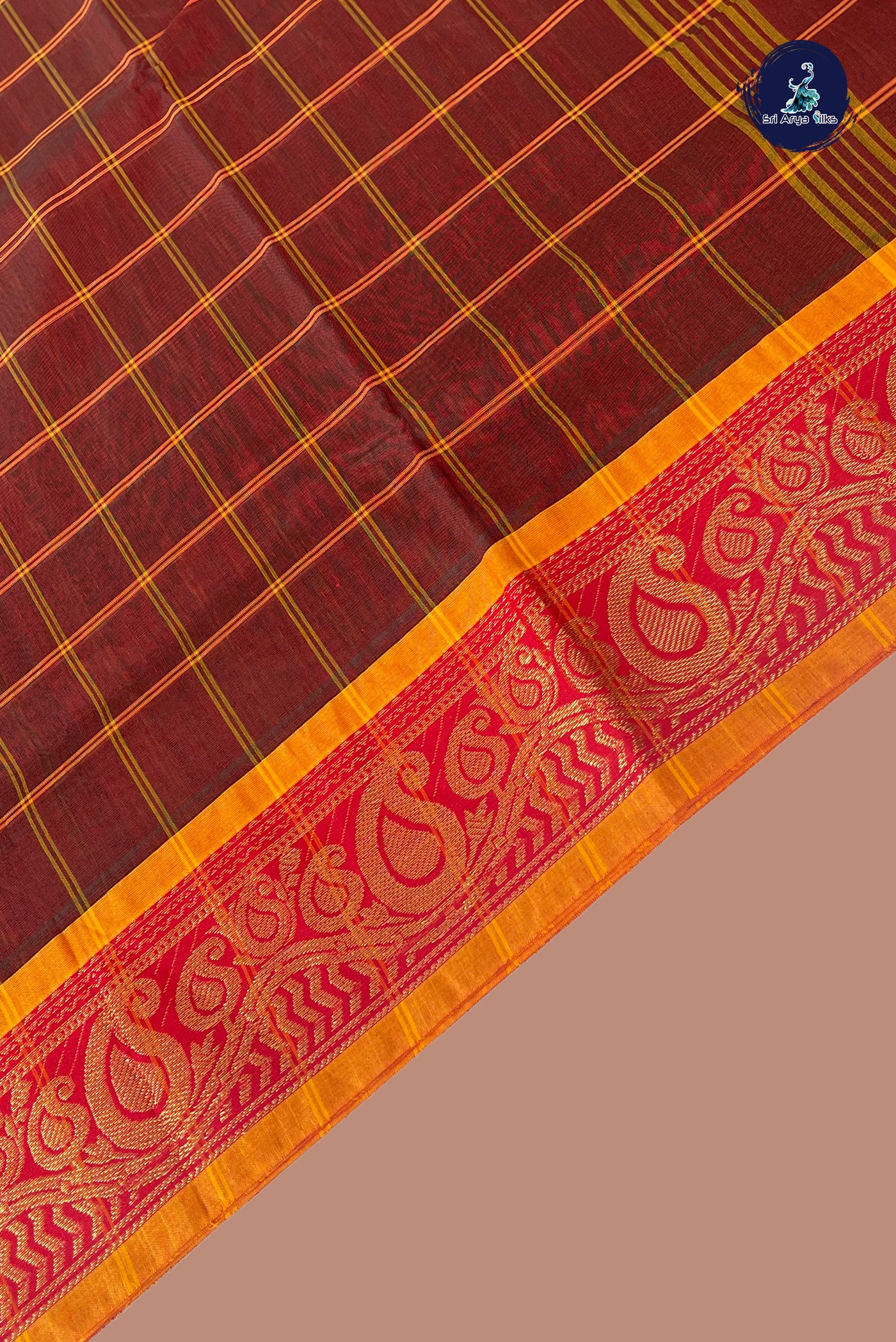 Dual Tone Brown Chettinad Cotton Saree With Checked Pattern