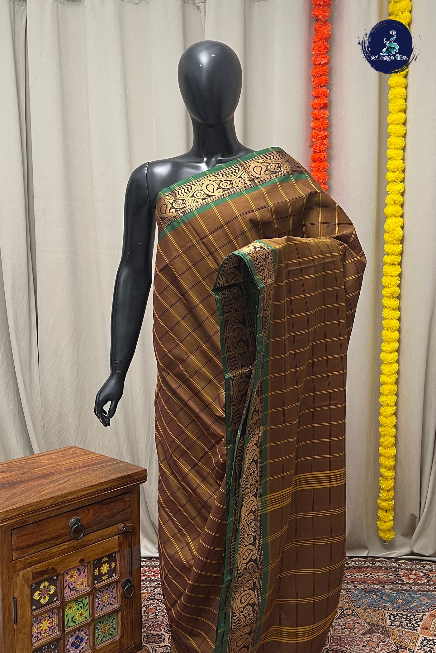 Honey Brown  Chettinad Cotton Saree With Checked Pattern