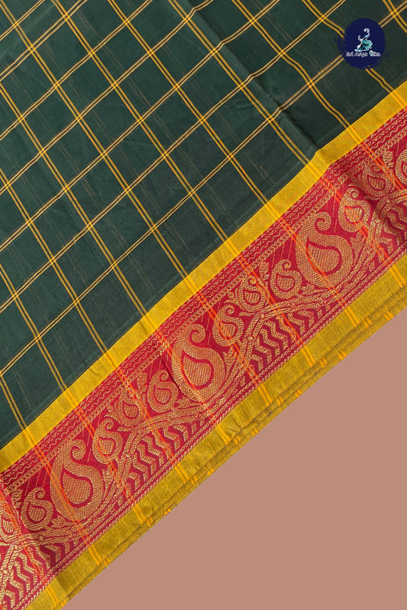 Dark Green Chettinad Cotton Saree With Checked Pattern