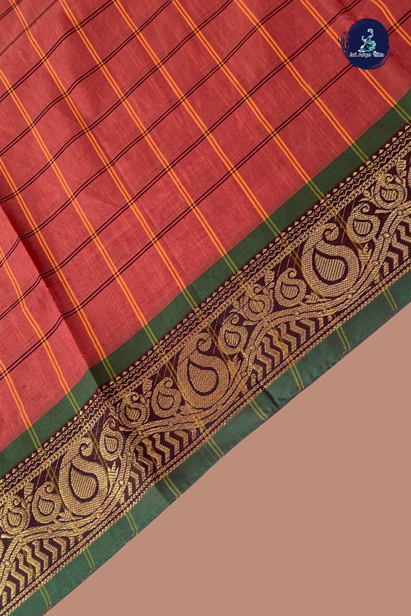 Light Brown Chettinad Cotton Saree With Checked Pattern