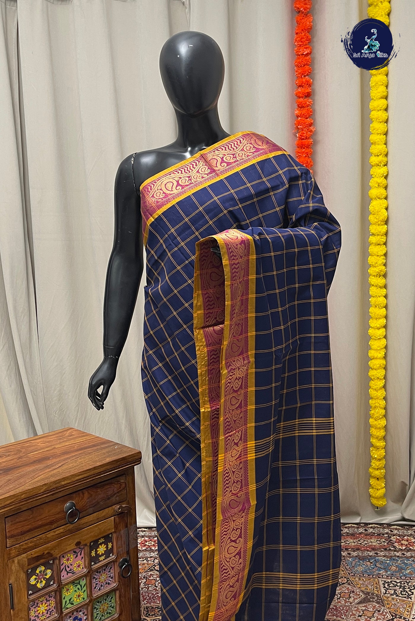 Navy Blue Chettinad Cotton Saree With Checked Pattern