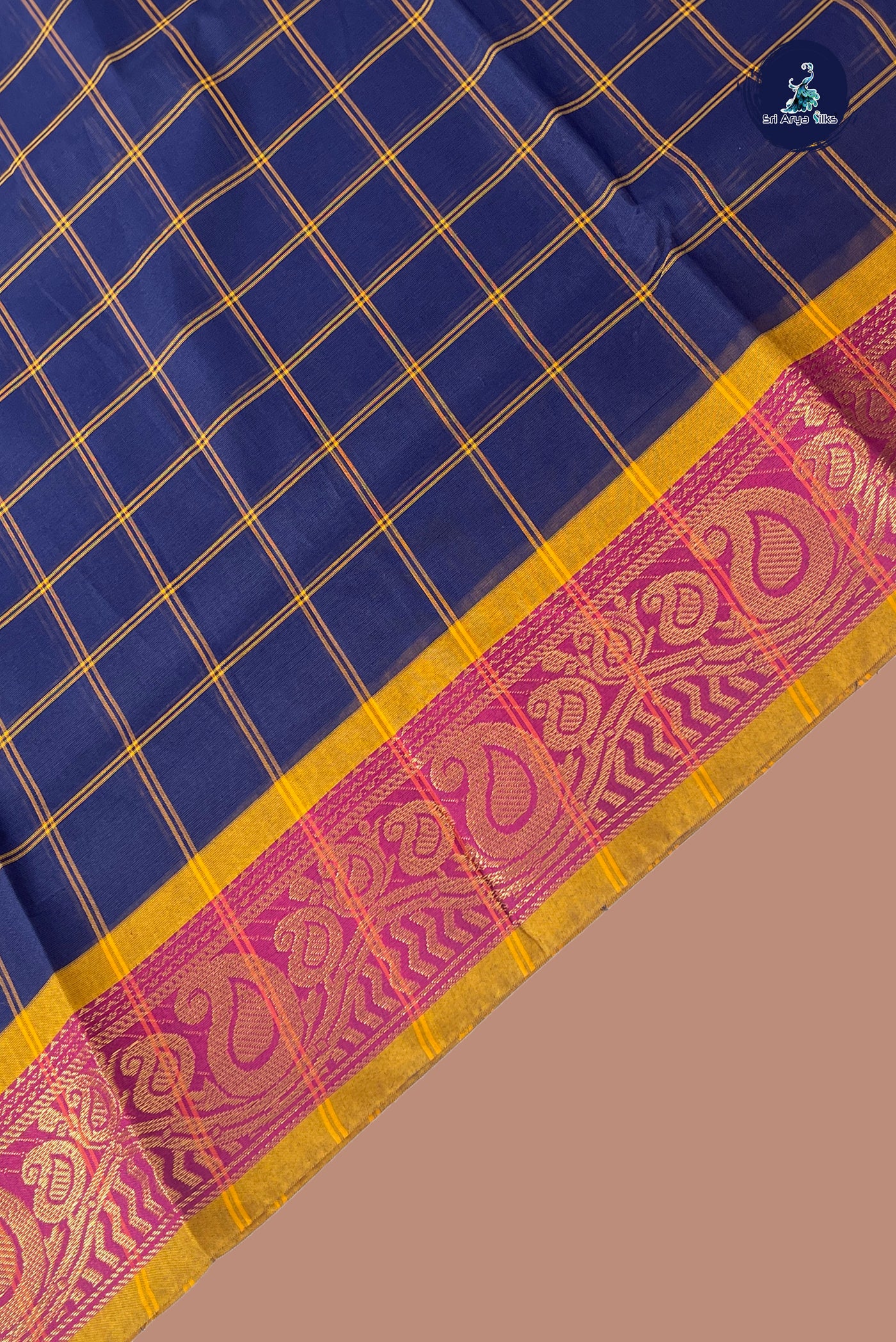Navy Blue Chettinad Cotton Saree With Checked Pattern