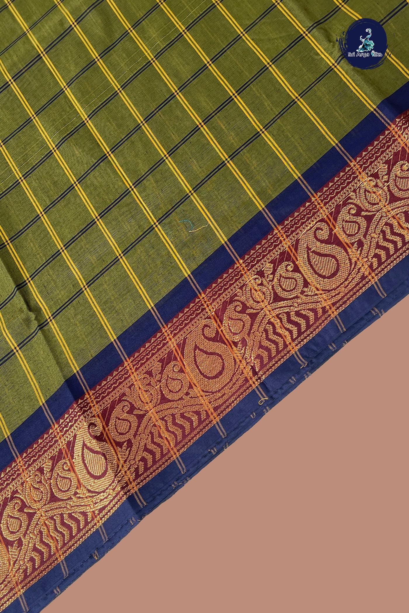 Green Chettinad Cotton Saree With Checked Pattern