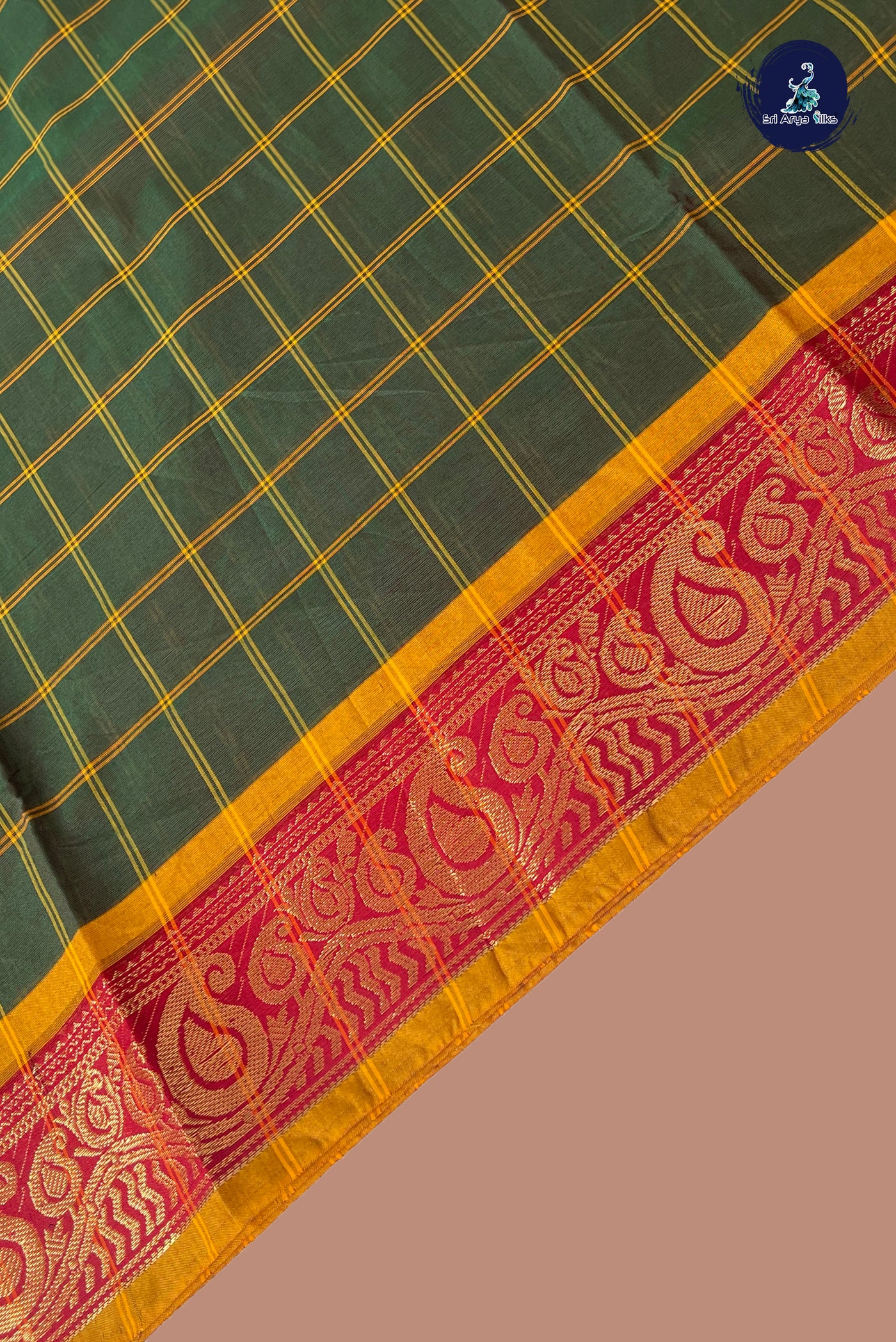 Green Chettinad Cotton Saree With Checked Pattern