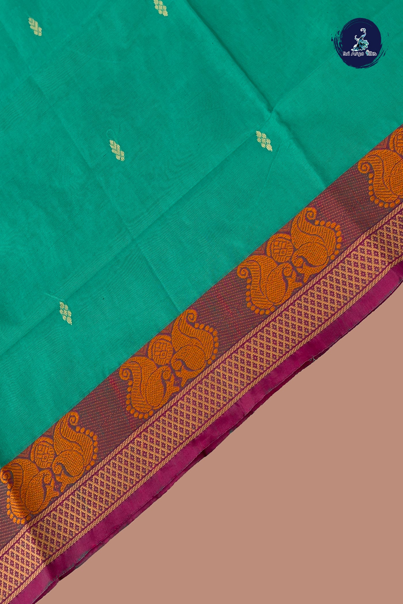 Green Chettinad Cotton Saree With Buttas Pattern