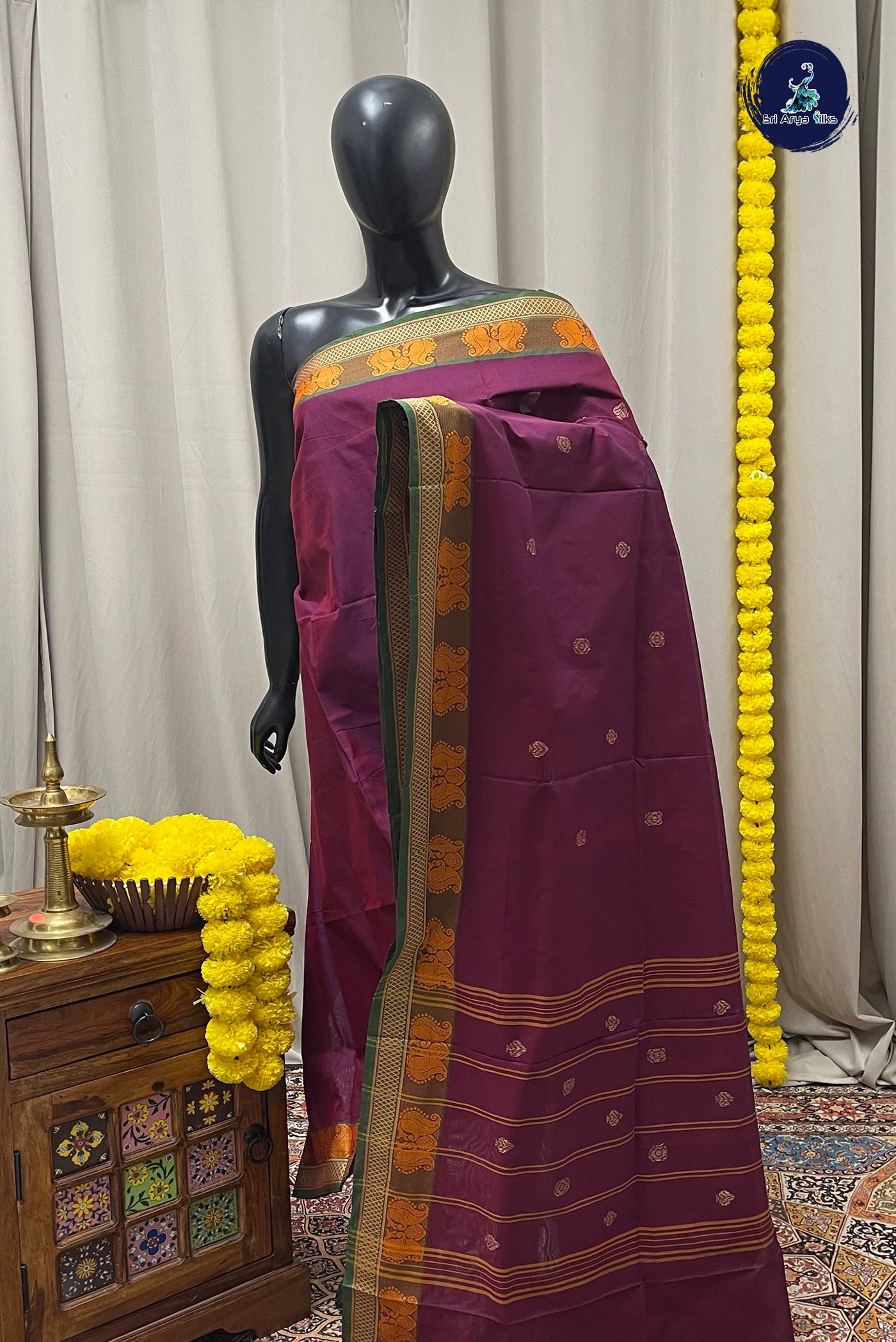 Burgundy Chettinad Cotton Saree With Buttas Pattern