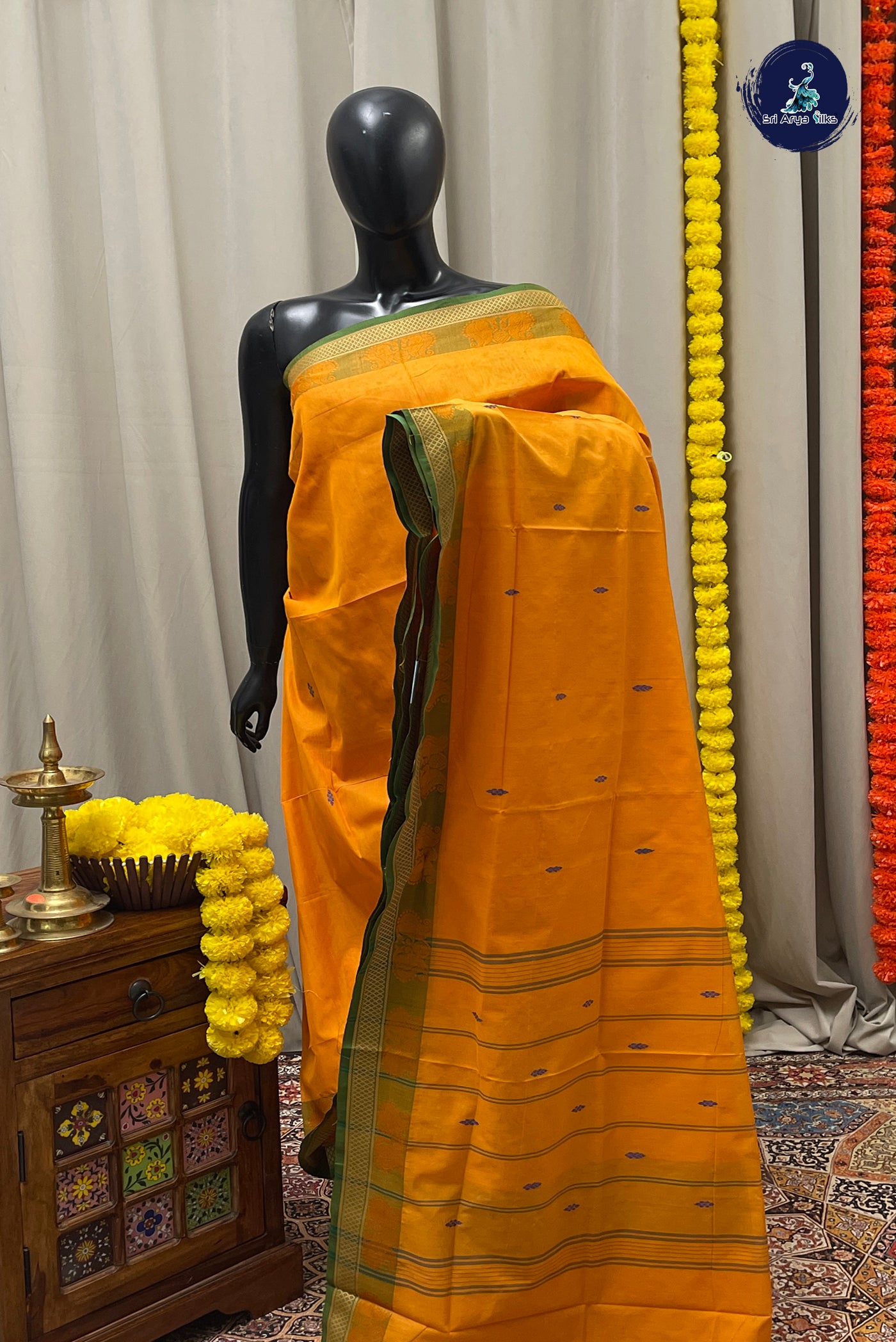 Yellow Chettinad Cotton Saree With Buttas Pattern