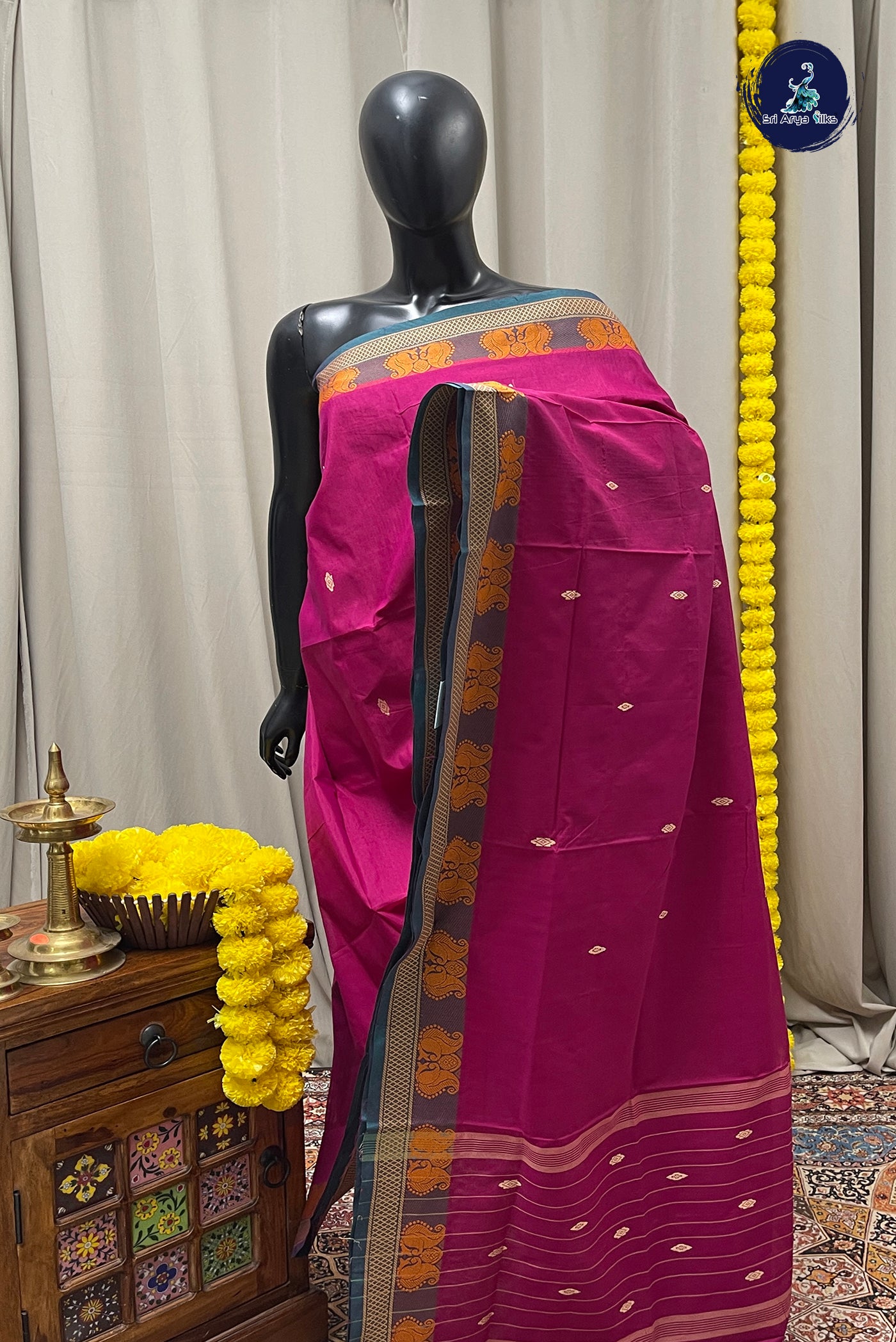 Magenta Chettinad Cotton Saree With Buttas Pattern
