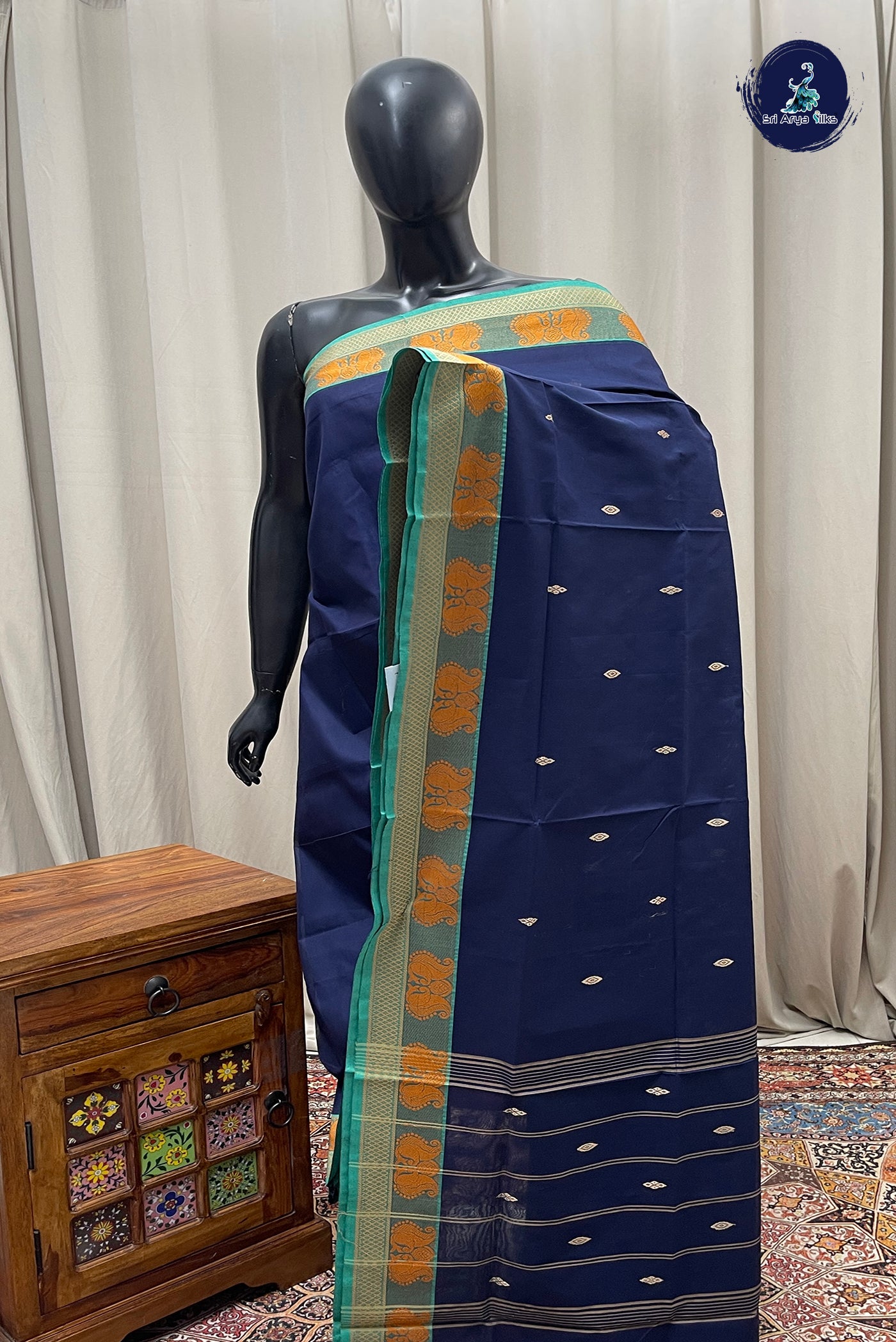 Navy Blue Chettinad Cotton Saree With Buttas Pattern