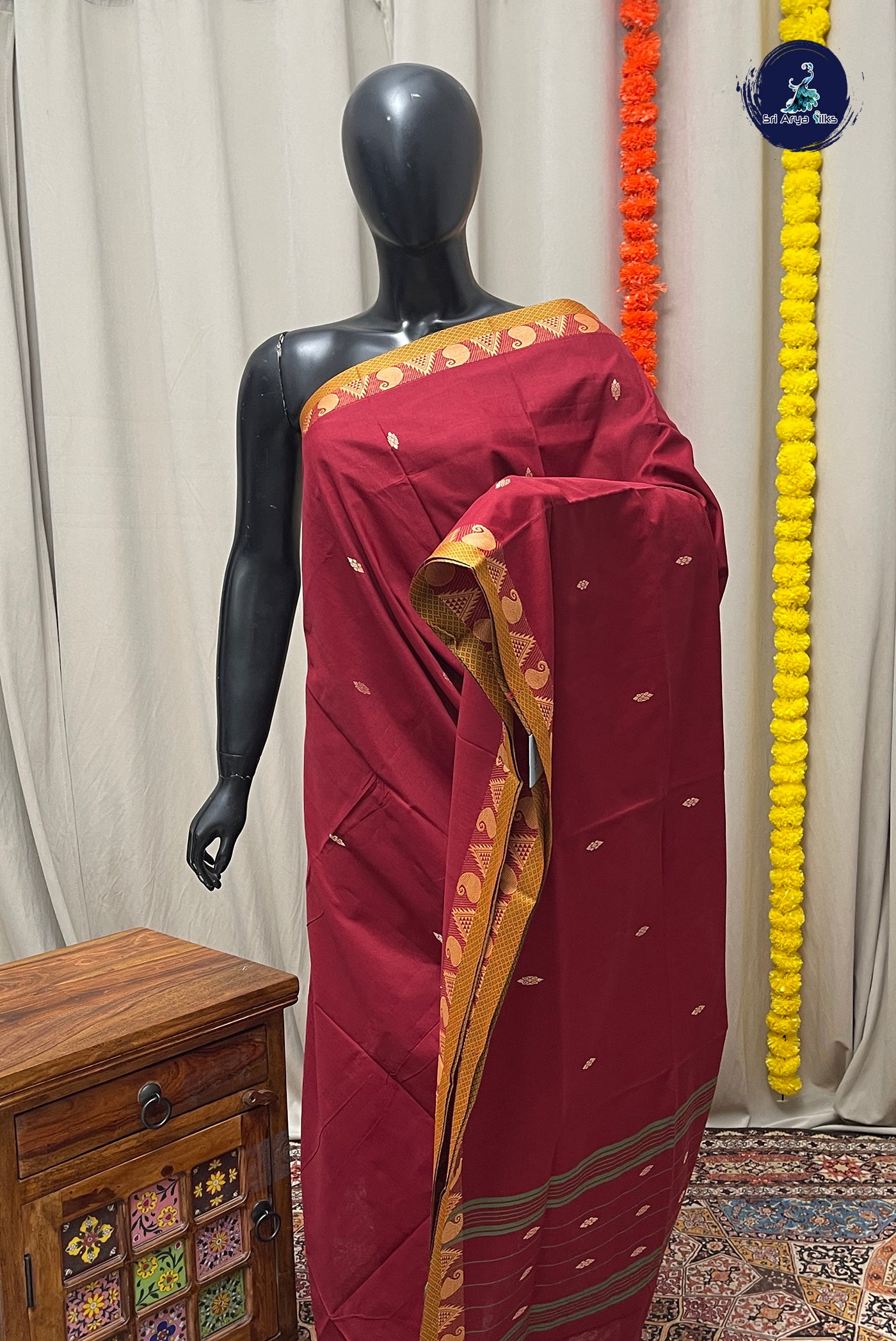 Maroon Chettinad Cotton Saree With Buttas Pattern