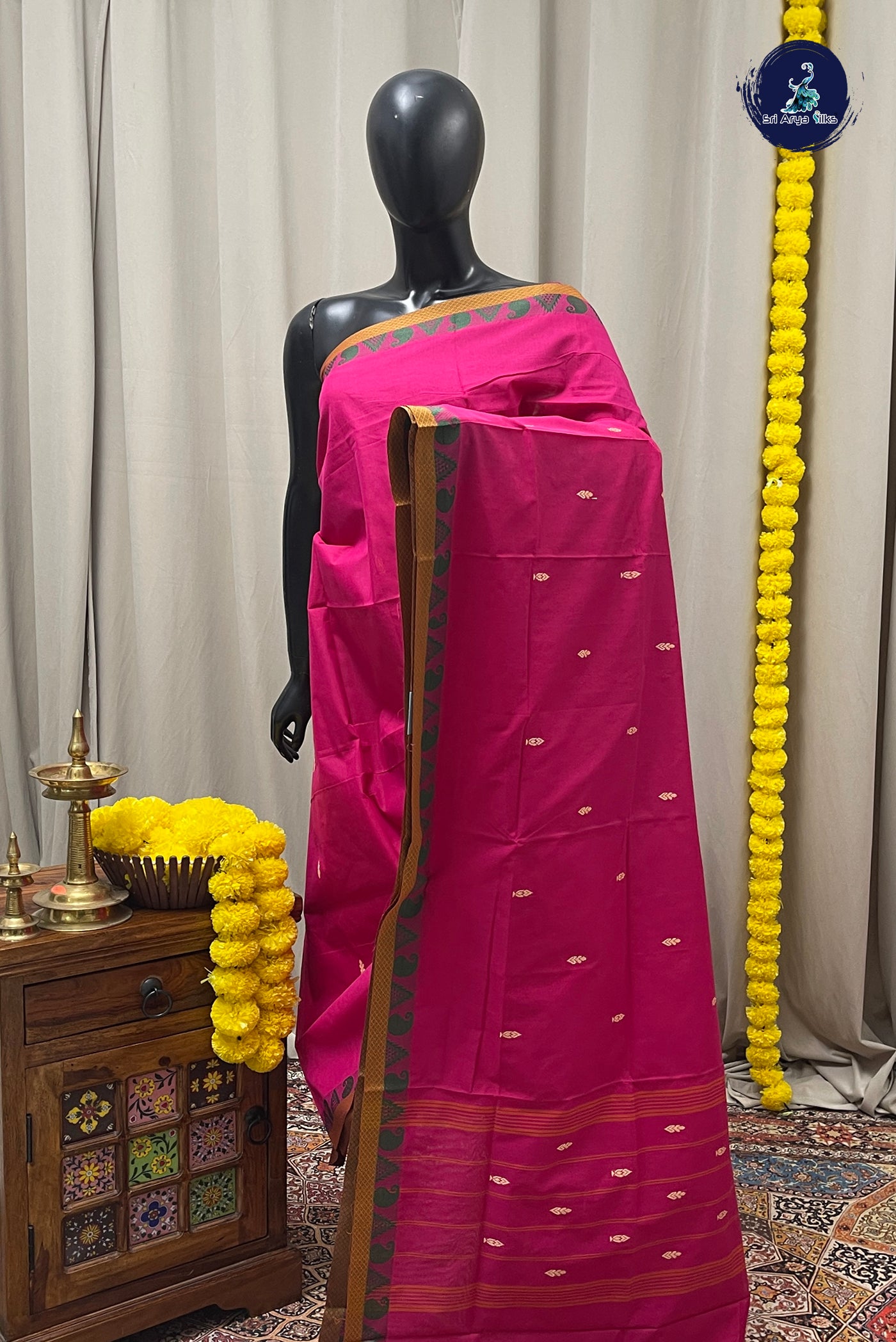 Pink Chettinad Cotton Saree With Buttas Pattern