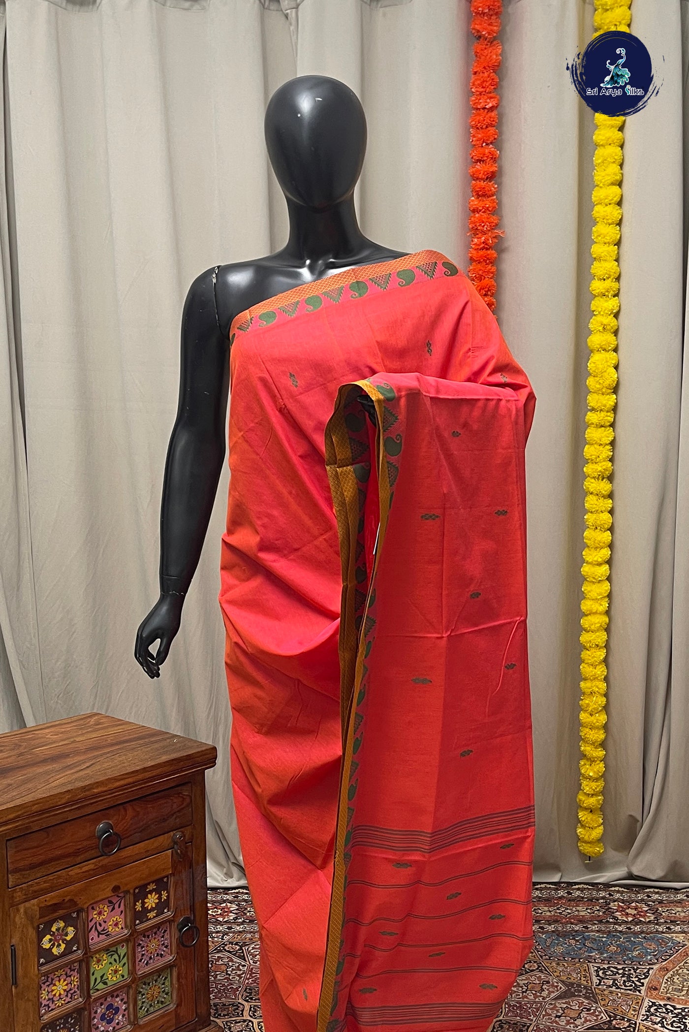 Pinkish Orange Chettinad Cotton Saree With Buttas Pattern