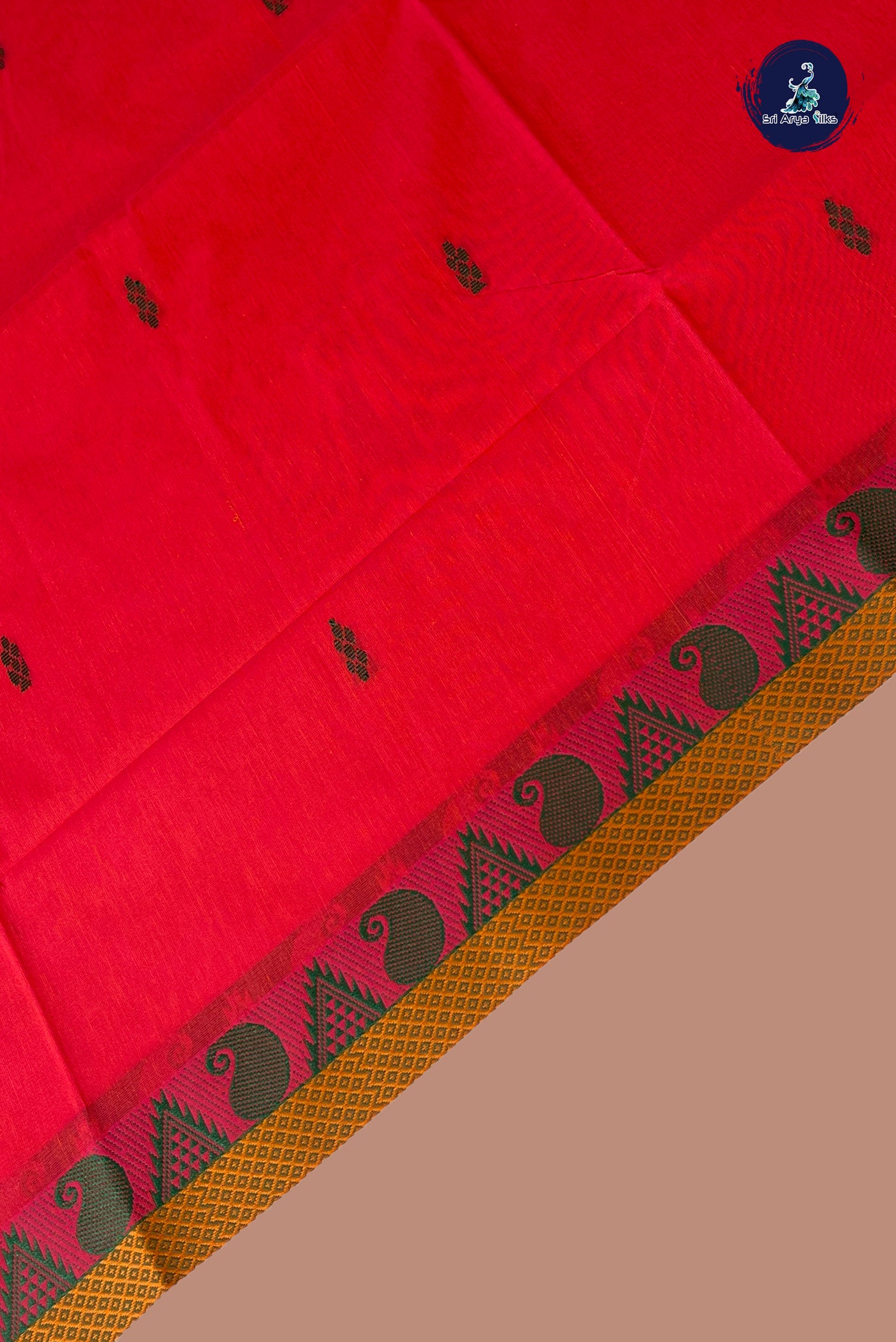 Pinkish Orange Chettinad Cotton Saree With Buttas Pattern