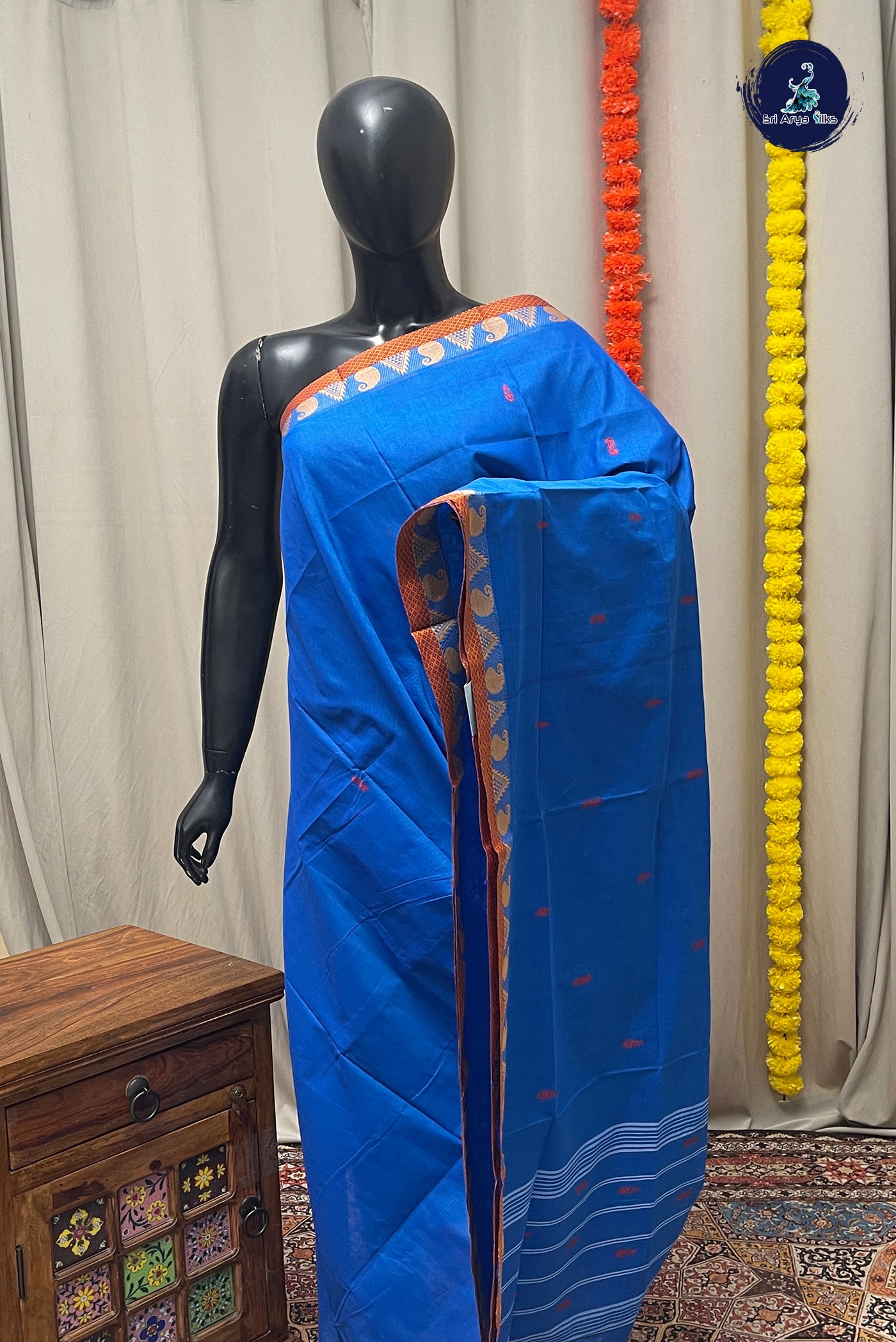 Blue Chettinad Cotton Saree With Buttas Pattern