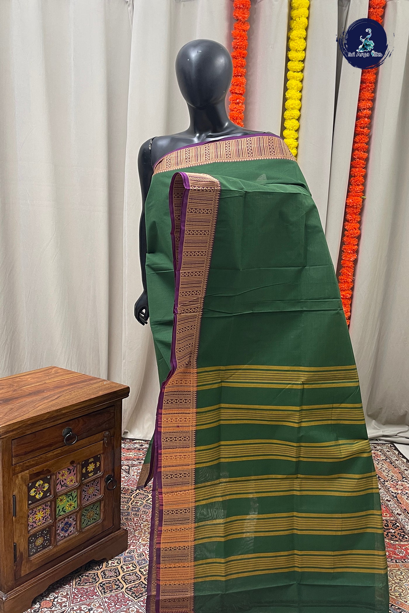 Green Chettinad Cotton Saree With Plain Pattern