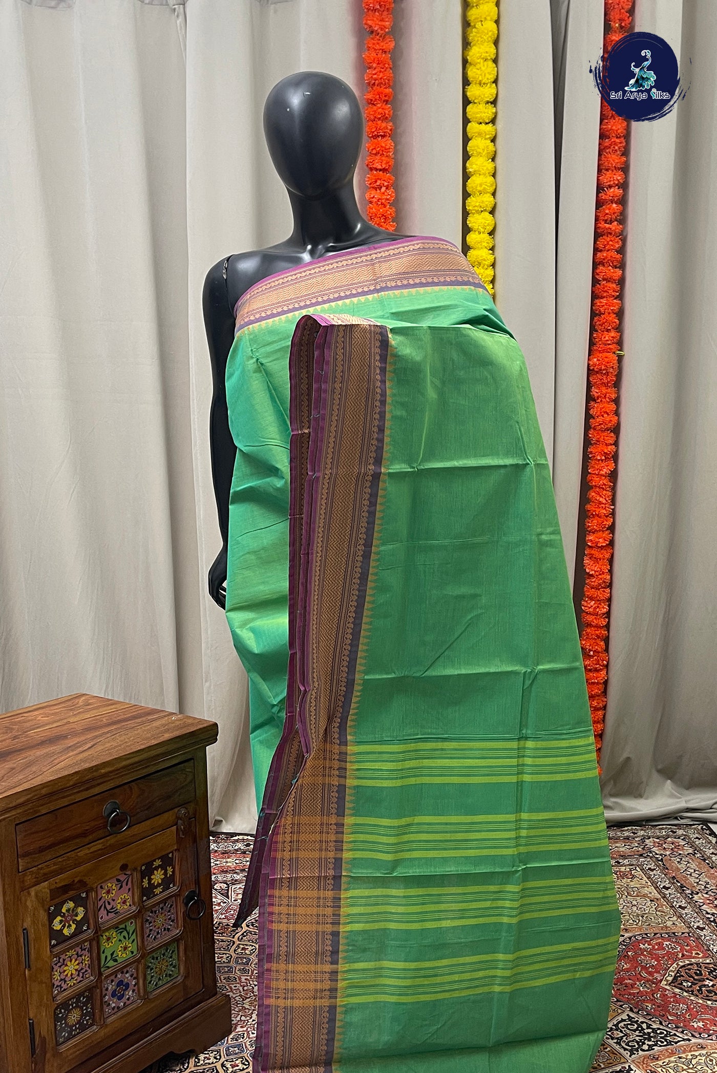 Bluish Green Chettinad Cotton Saree With Plain Pattern