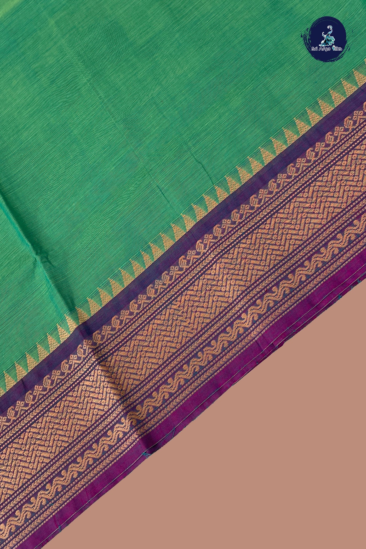Bluish Green Chettinad Cotton Saree With Plain Pattern