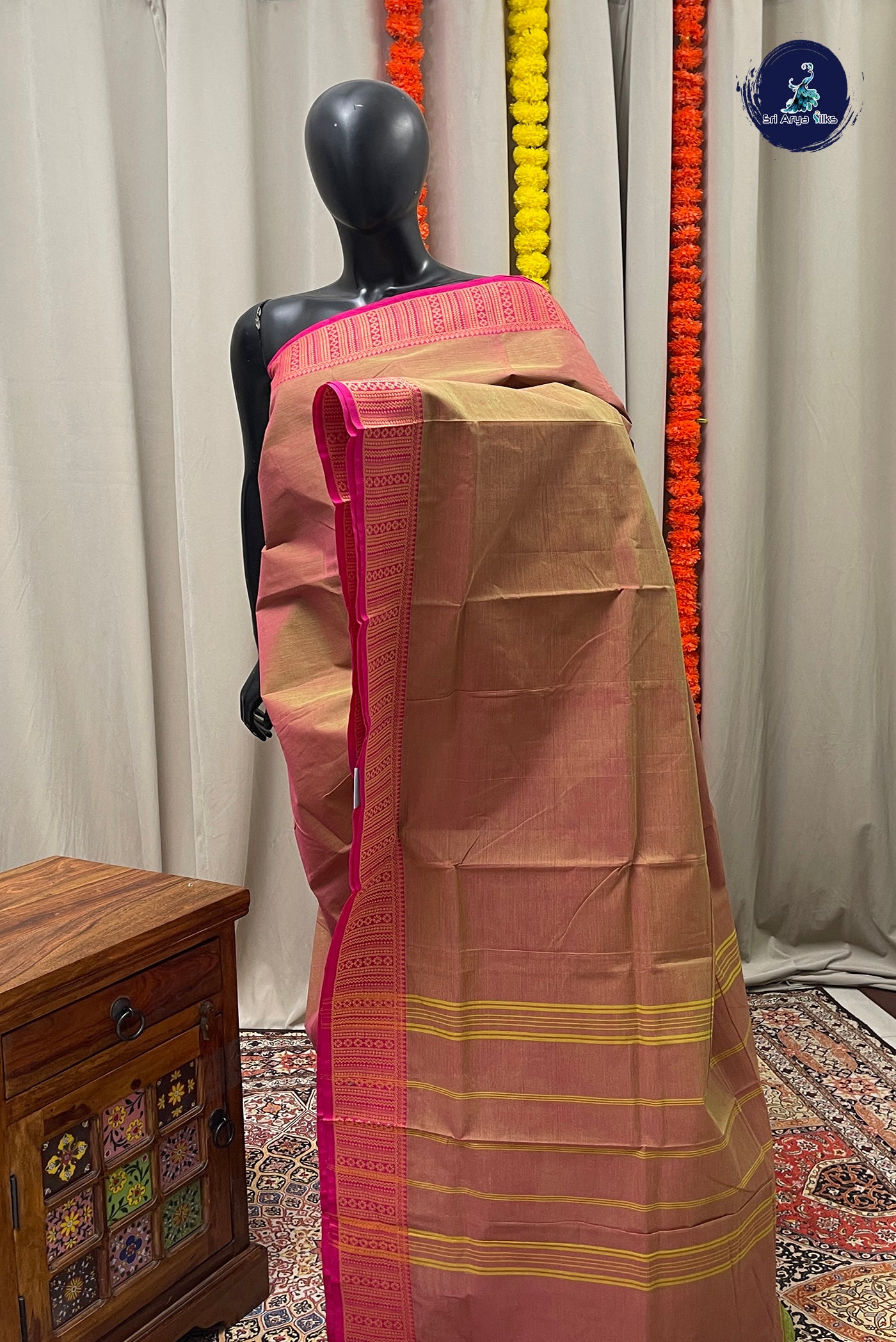 Pinkish yellow Chettinad Cotton Saree With Plain Pattern