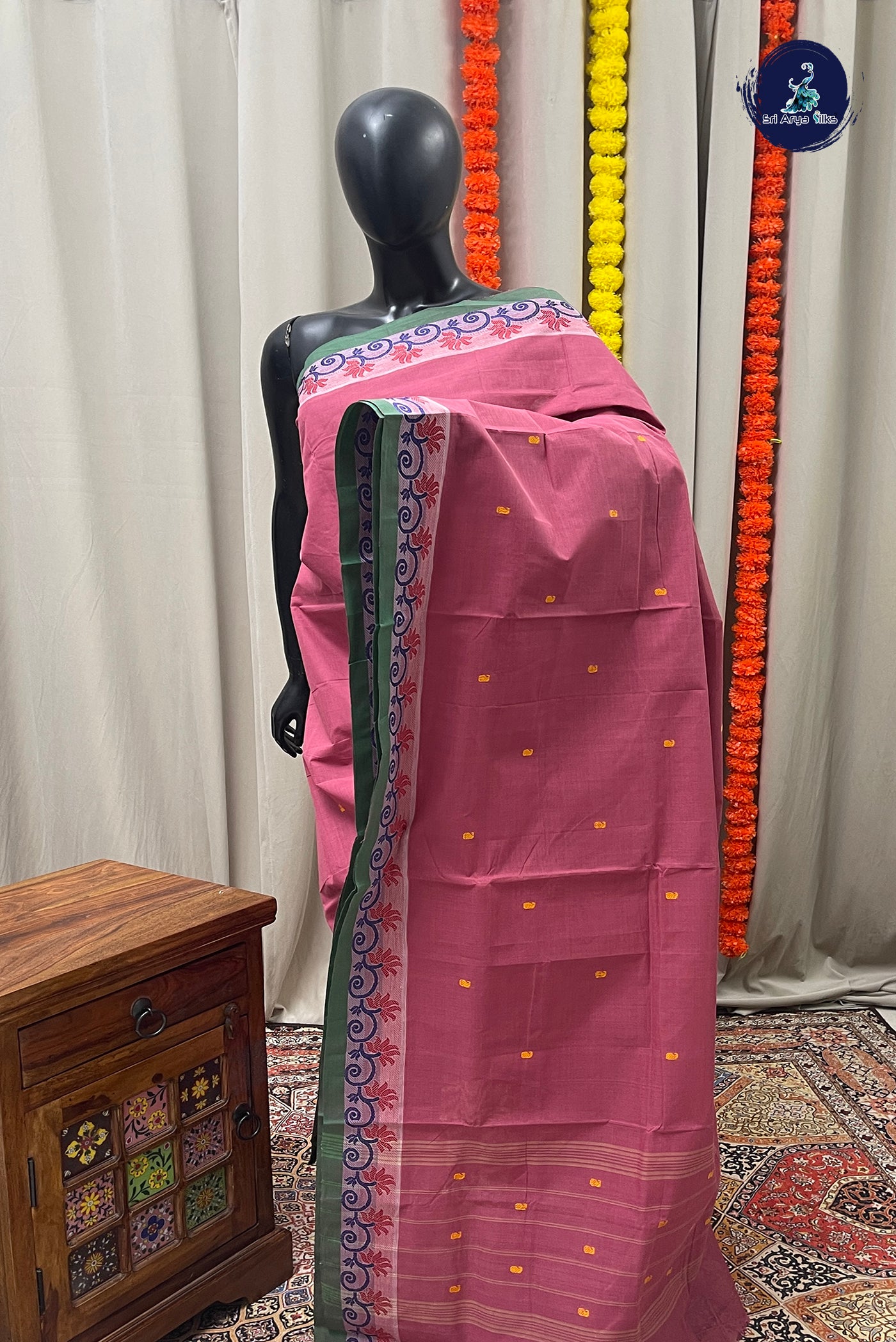 Caramel Pink Chettinad Cotton Saree With Buttas Pattern