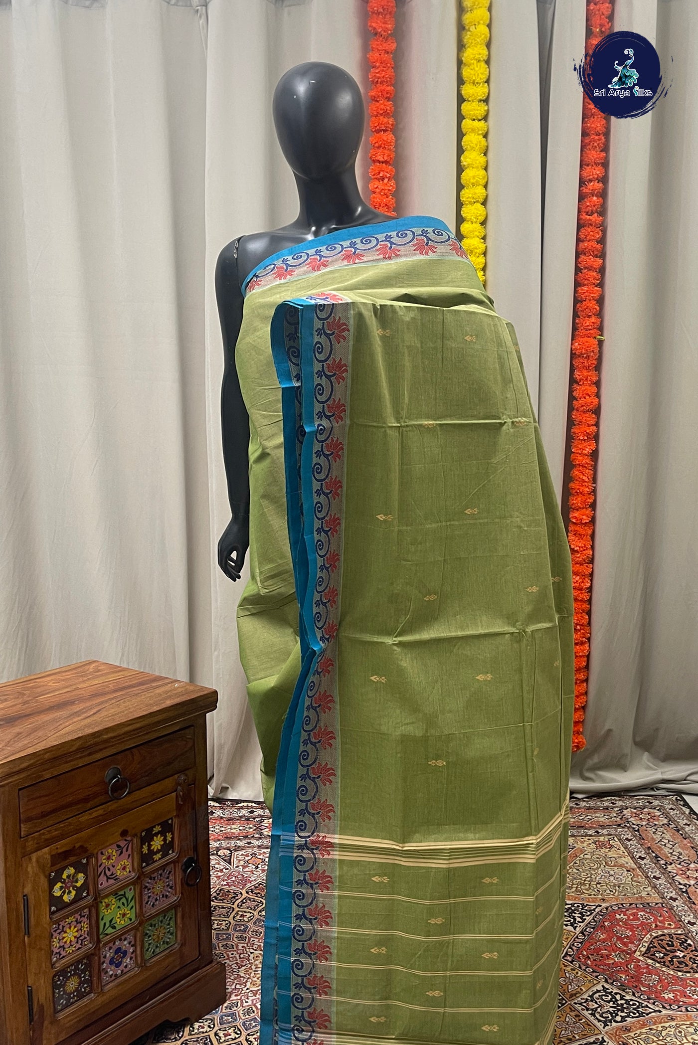 Elaichi Green Chettinad Cotton Saree With Buttas Pattern