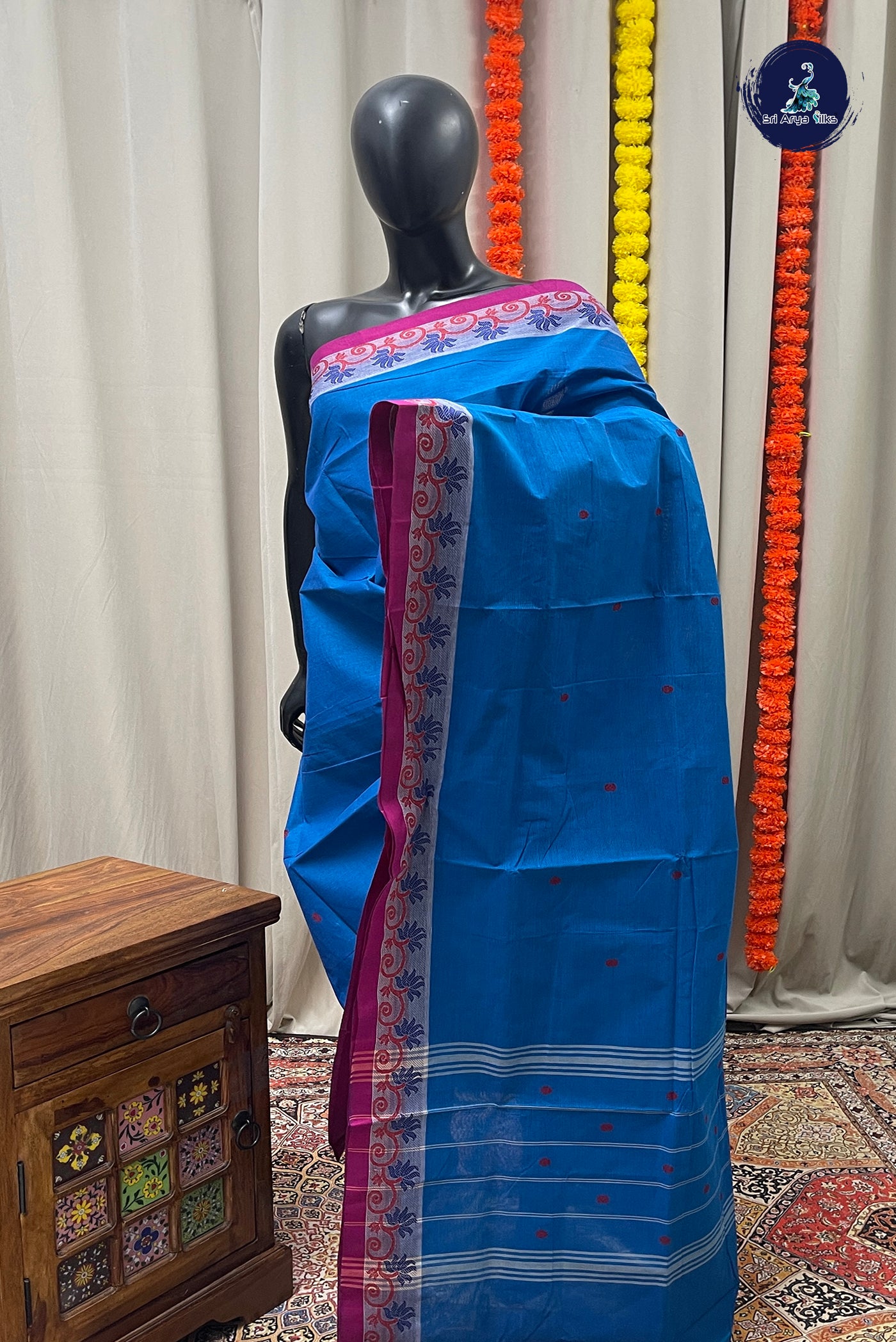 Blue Chettinad Cotton Saree With Buttas Pattern