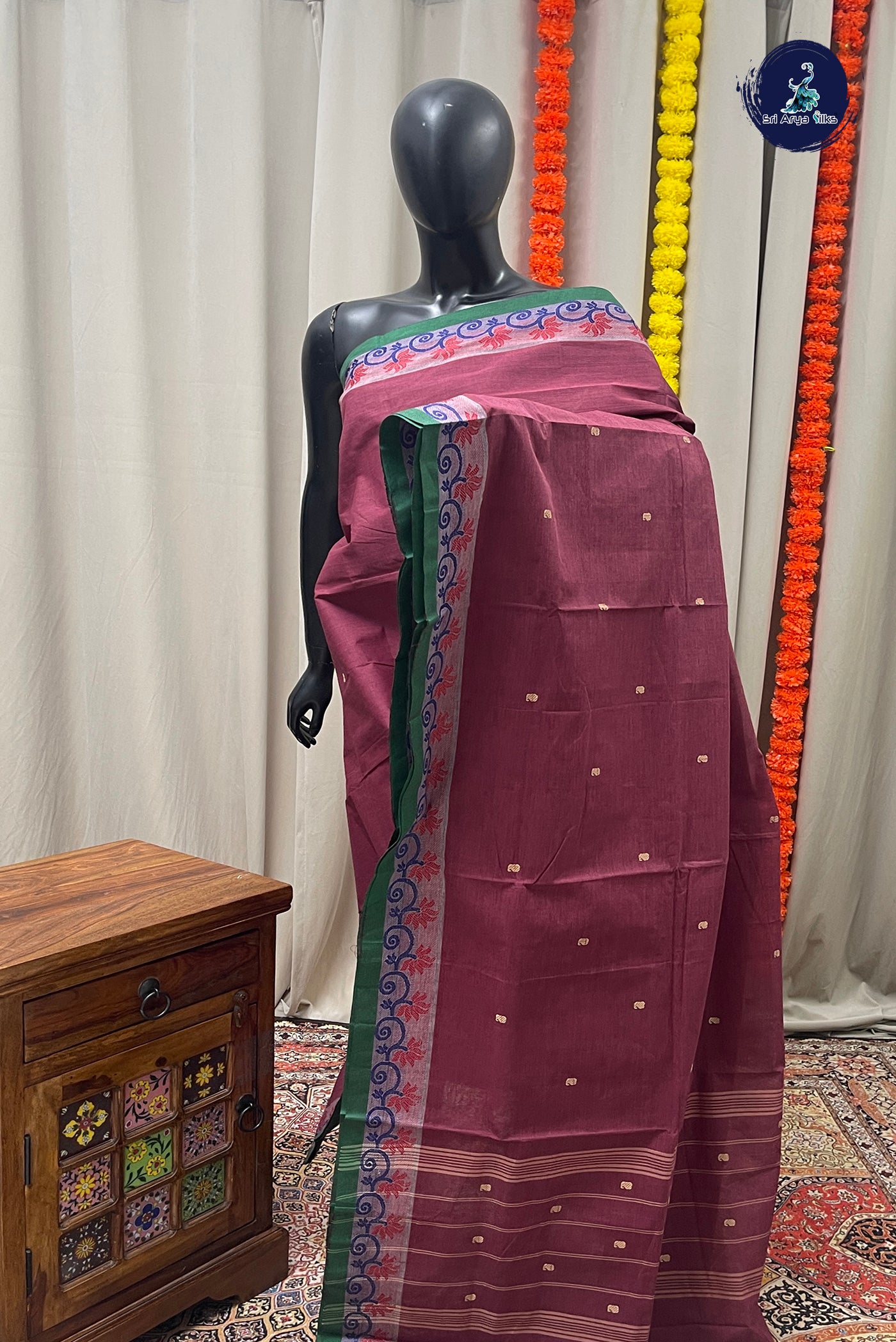 Pink Chettinad Cotton Saree With Buttas Pattern
